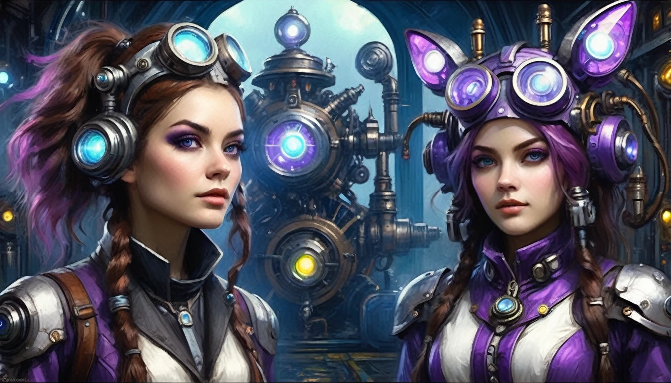 (Steam Punk)(Extreme complexity, two subjects)(subject 1: cryptic girl, purple white gradient long hair, indifferent, kind, high tech suit with many gadgets and blinking lights) (subject 2: female clockwork companion(several shiny metallic sections, steam exhaust ports), high fantasy mechanic outfit, very big eyes and ears) assemble and test a farm work themed mecha, blue prairie, ethereal, fantasy, magical realism, highly detailed, 8k, cinematic lighting, vibrant colors, dramatic composition, intricate details, imaginative, cinematic perspective, surreal, dreamlike, whimsical, beautiful, magical, (best quality,4k,8k,highres,masterpiece:1.2),ultra-detailed,(realistic,photorealistic,photo-realistic:1.37) (show both women head to toe)
