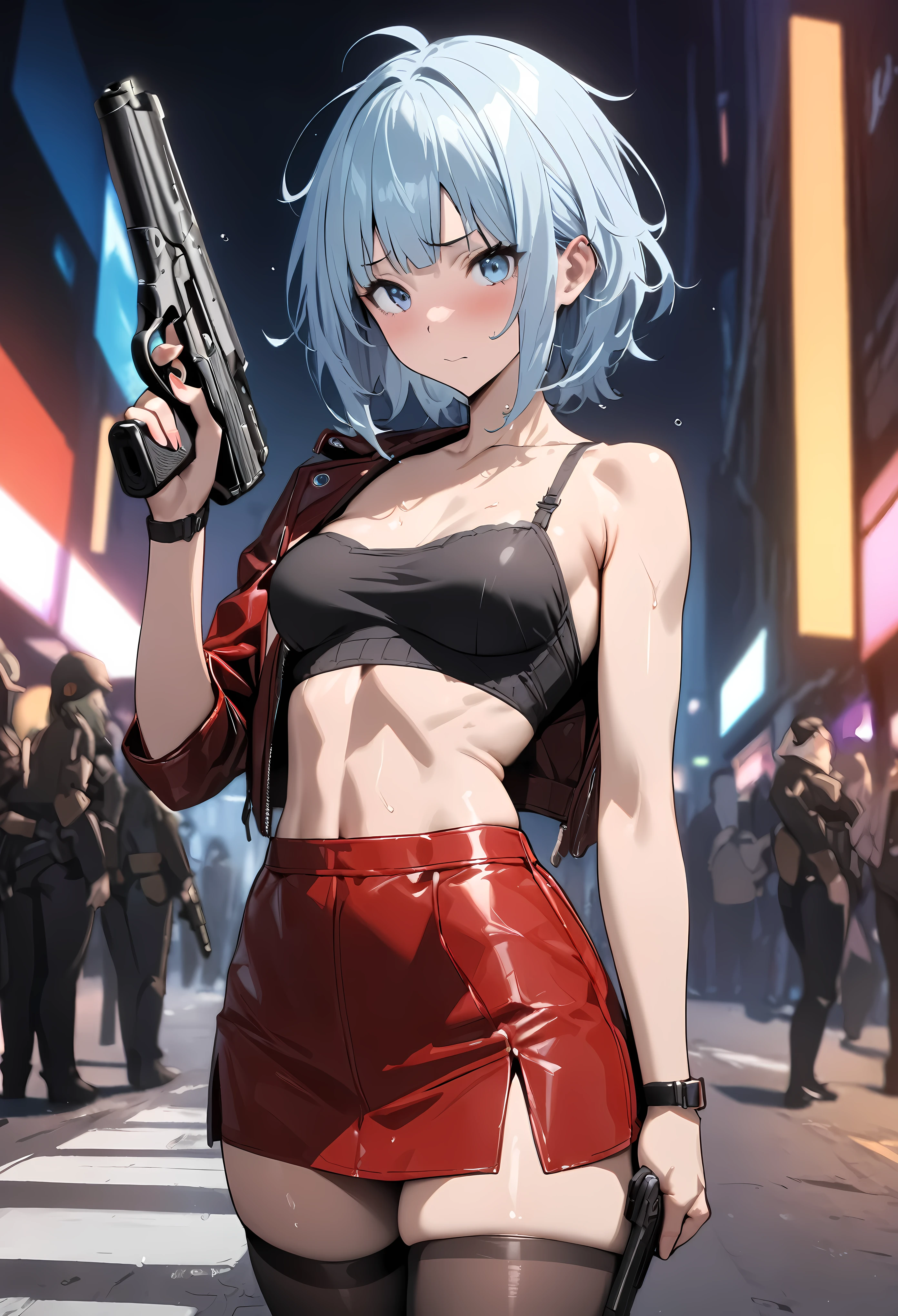 ((masterpiece, highest quality:1.2)),cowboy shot,1woman,20 year old beauty,solo,((very small head)),short hair,messy hair,light blue hair,blue eyes,blunt,((very long and slender body)),toned body,skinny,medium breasts,shiny skin,oily skin,Bullish expression,Red leather jacket、 Red tight mini skirt、black tube top bra、black_thighhighs,Bounty Hunter、Holding a handgun in your hand、(Shoot a gun at the audience)、Gunfight、on street,Big cities、Cyberpunk World、