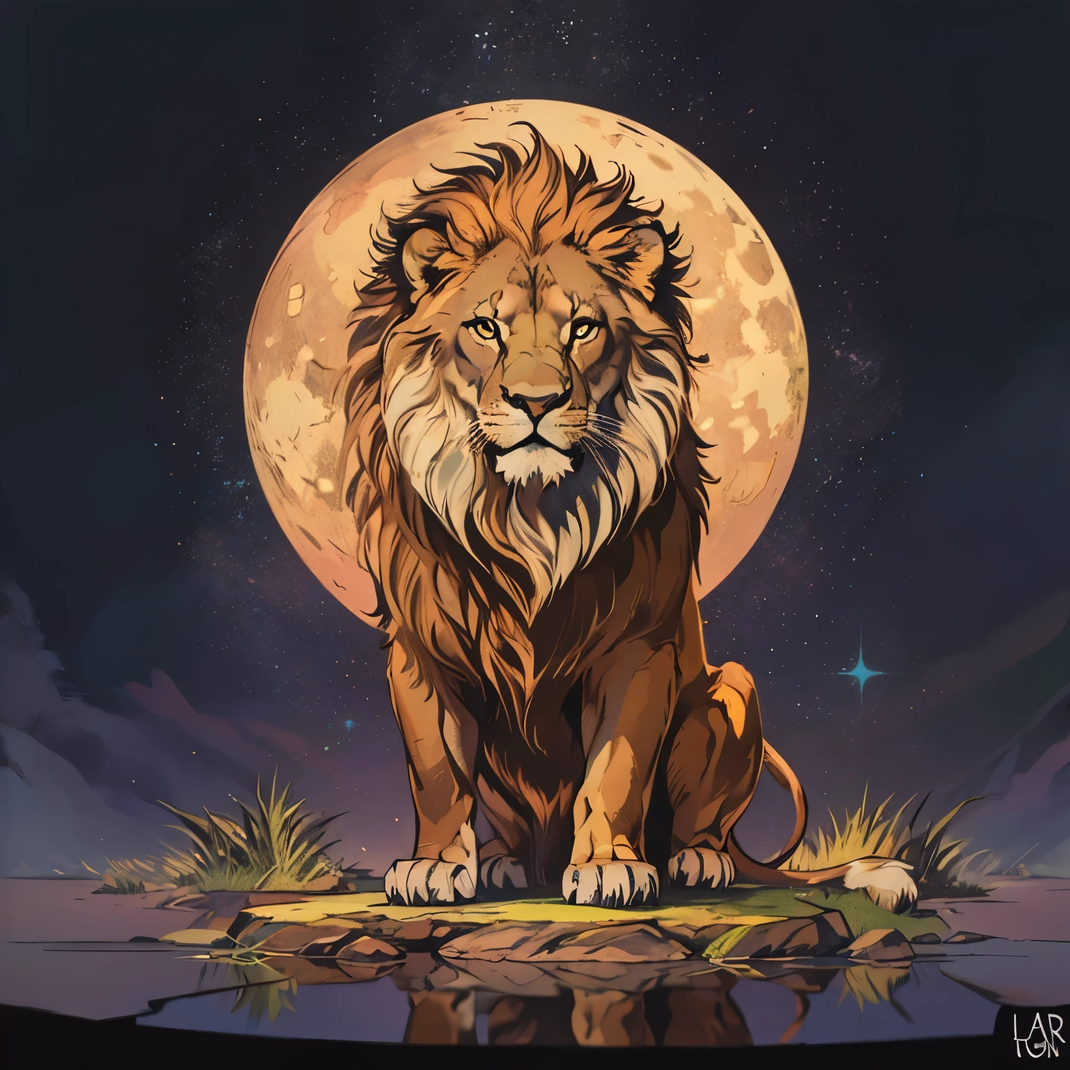 A brown lion with incredible black details,lua azul ,fundo branco,art deco