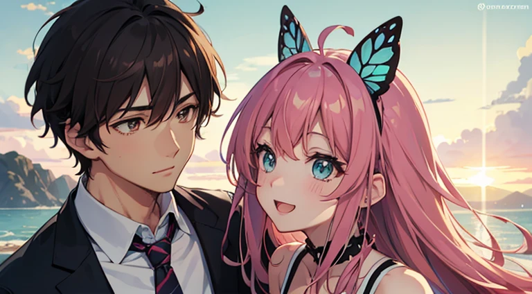 A happy couple,One man and one woman,Brown hair handsome boy,beautiful,Embrace,campus,streaked hair, pink hair, hair behind ear, crossed bangs, hair strand, quiff, butterfly hair ornament, aqua eyes, makeup, naughty face, facing another, cheek pinching, high detail, anime style, Verism, god rays, bloom, image fill, character chart, tachi-e, close-up, vanishing point, foreshortening, UHD, 1080P, HD
