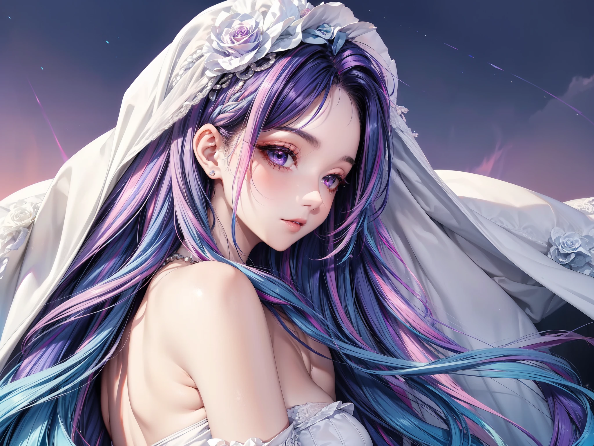 (masterpiece, best quality, beautiful and aesthetic:1.3), Looking Back, side view, 1 Girl, Solitary, A faint smile,  (Dark blue hair with pink and purple streaks:1.4), (Gradient sky blue hair:1.6), Hair, Absurdly long hair, One-side lock, curls, shiny hair, Flowing hair, (Deep purple eyes), Delicateeyes, Aqua eyes, Ultra-high detail eyes, long upper eyelashes, make up, focus on face, The facial details are very rich, Pretty Face, Perfect breasts, Hot body, (The skin texture is delicate:1.2), wedding veil, Lace-trimmed dress, transparent, Wedding dress, outdoor, White Rose, garden, morning, permanent, Extremely detailed, 