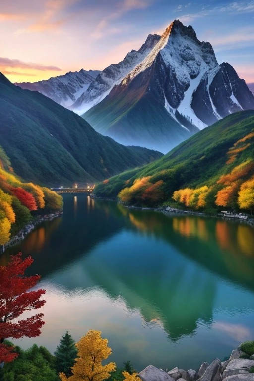 a beautiful korean mountain with lake, (masterpiece), (portrait), (raw photo), (extremely detailed CG unity 8k wallpaper) Intricate, Sharp focus, dramatic, photorealistic art 3D Hd