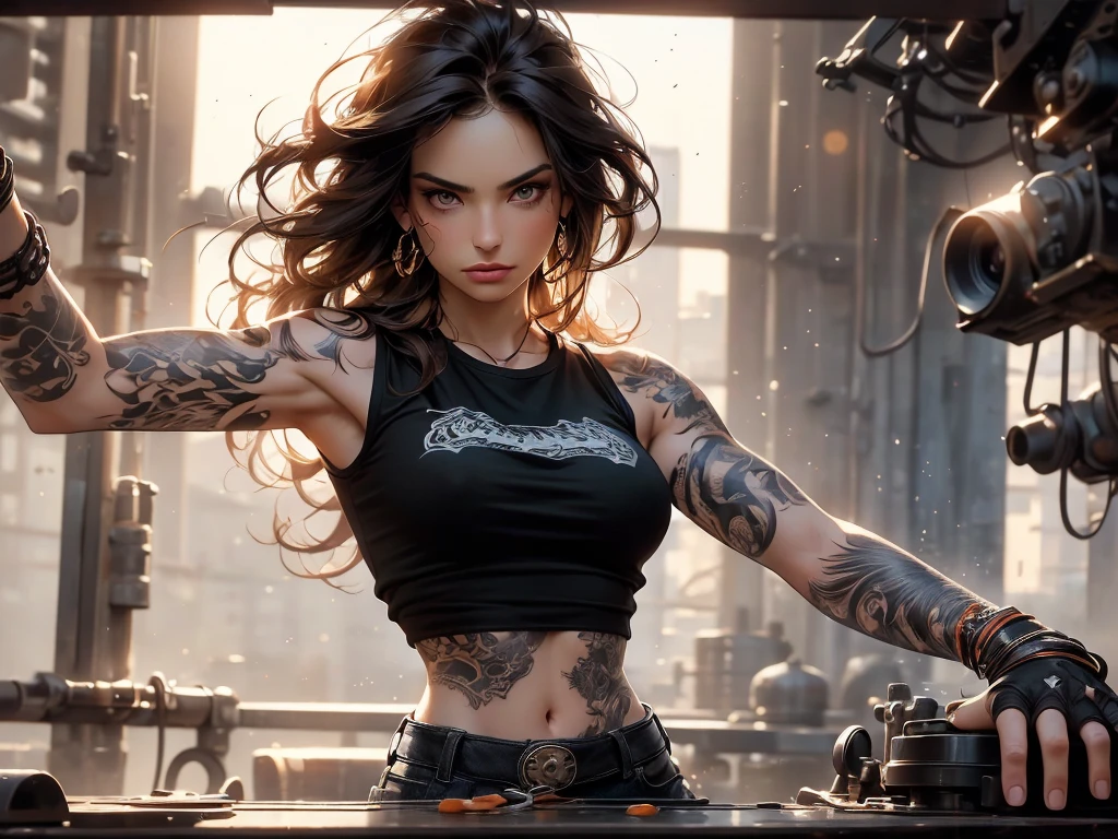 masterpiece, Cowboy shot, (1woman), (wild messy dark brown hair), (Black tshirt:1.2), (beautiful hazel seductive eyes), (tribal tattoo on hands), White, Orange and Blue colors, Foggy background, Graceful pose, (looking at viewer), (front view), (from sky), (bokeh:1.2), tight crop top, tank top, nipples
