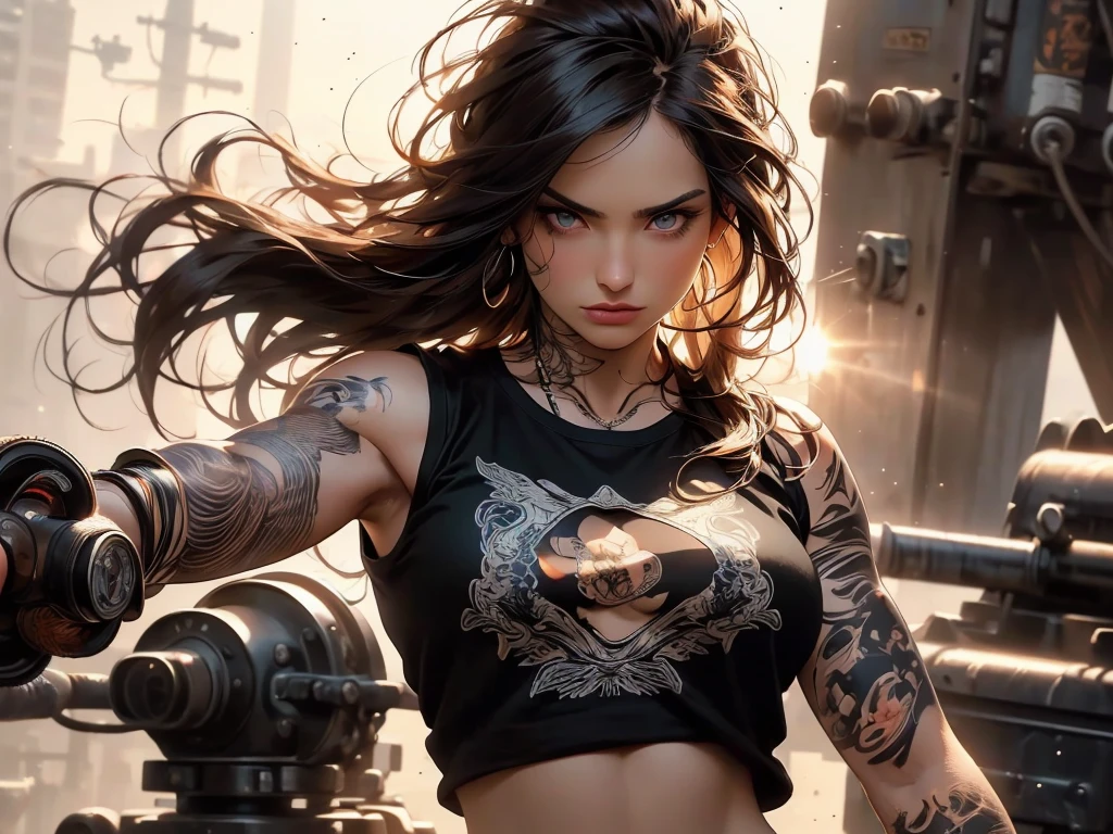 masterpiece, Cowboy shot, (1woman), (wild messy dark brown hair), (Black tshirt:1.2), (beautiful hazel seductive eyes), (tribal tattoo on hands), White, Orange and Blue colors, Foggy background, Graceful pose, (looking at viewer), (front view), (from sky), (bokeh:1.2), tight crop top, tank top, nipples