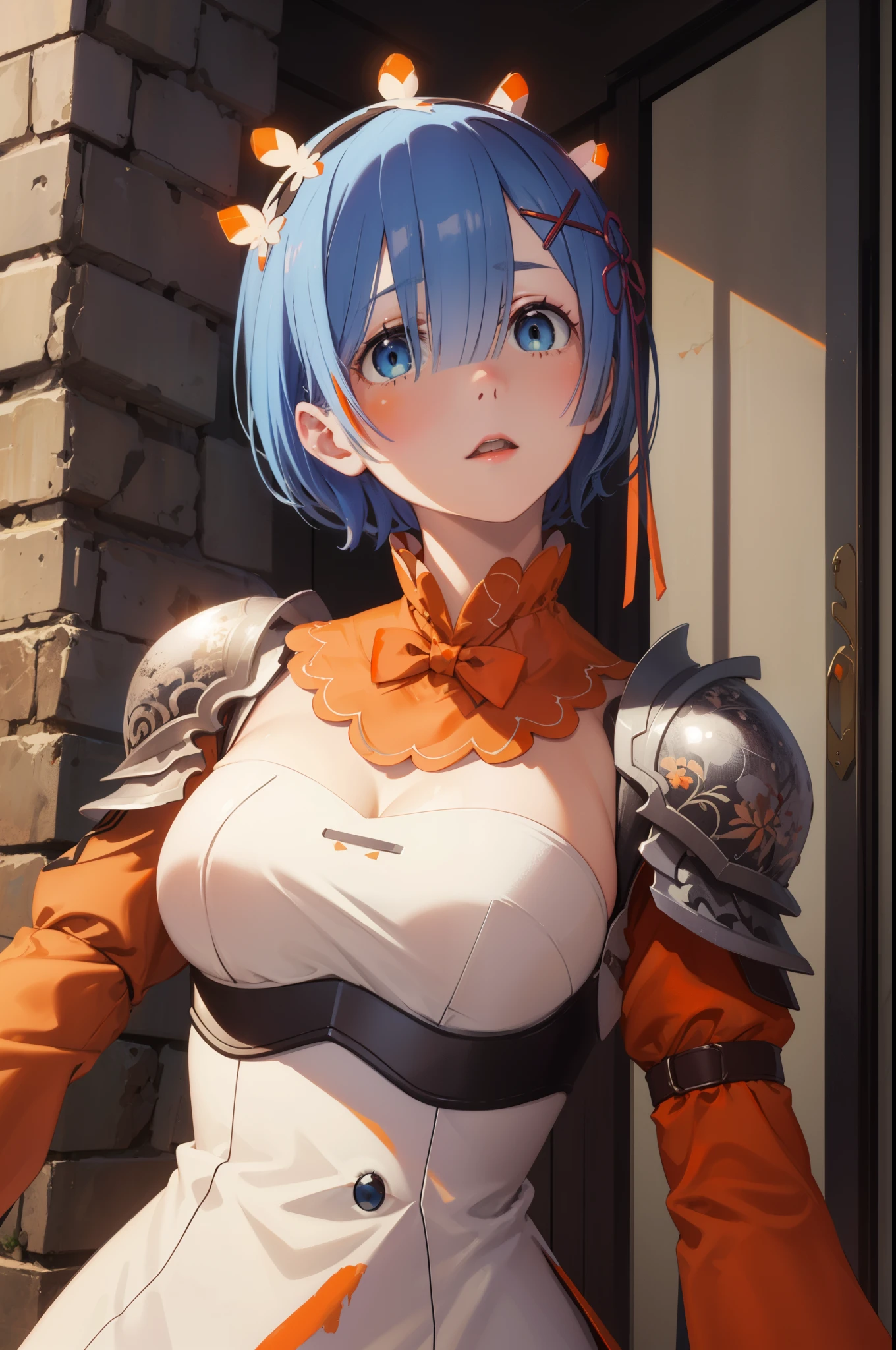 ph_rem, remhd, 1girl, blue hair, solo, blue eyes, x hair ornament,
BREAK (red bowtie, shoulder armor, sidelocks, (white armor:1.5), breastplate, (orange dress:1.5):1.2),
BREAK (masterpiece:1.2), best quality, high resolution, unity 8k wallpaper, (illustration:0.8), (beautiful detailed eyes:1.6), extremely detailed face, perfect lighting, extremely detailed CG, (perfect hands, perfect anatomy),