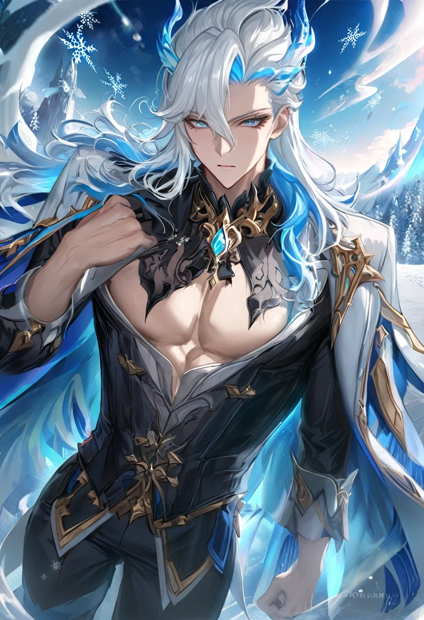 absurdres, highres, ultra detailed, HDR, master piece, best quality, perfect face, Neuvillette, white hair, expressive blue eyes, Genshin Impact, solo, sexy man, handsome, toned chest, sensual, erotic, black clothes, black pants, a winter fantasy world, snowflakes dropping down the sky, everything has turned into ice, a white dragon flying in the distance, exotic colors, magical, powers
