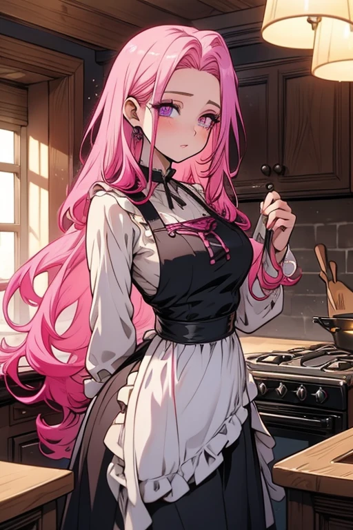 A pink haired woman with violet eyes with an hourglass figure in an apron and pretty summer dress is baking in a gothic kitchen