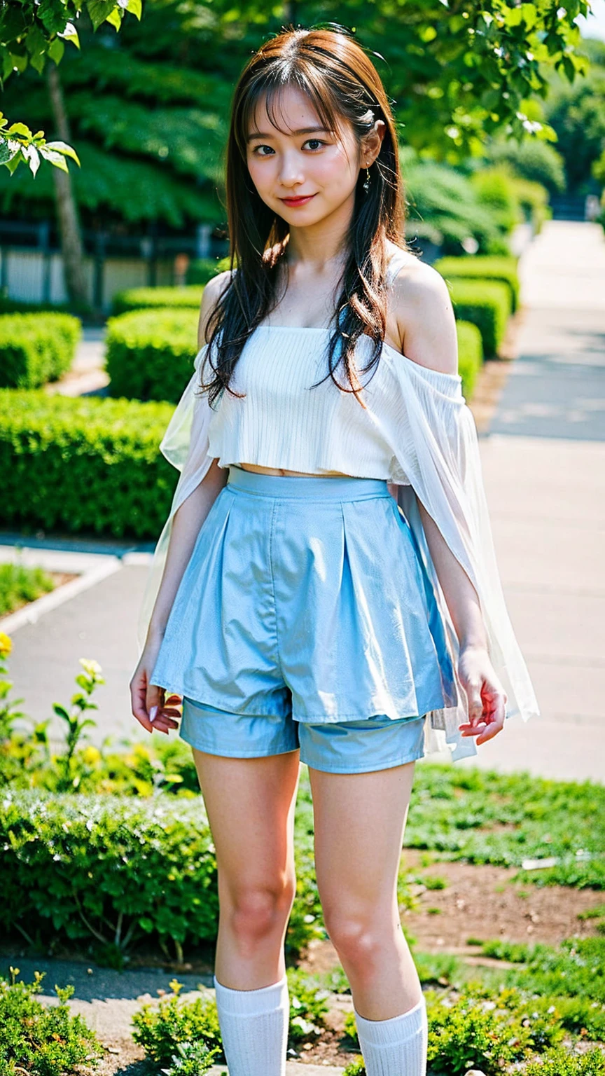 (8k、RAW Photos、highest quality、masterpiece:1.2)、(Realistic、Realistic)、1 girl、((Light blue and white dress、Off the shoulder、Shorts、Twin tail hair、Belly button、boots、See-through、Frills、Ribbon on chest、garden、smile、Big Breasts、View from the front、whole body、White knee socks、Cape、Standing with hands on hips))、Lots of eyelashes、Glowing eyelids、skeletally correct