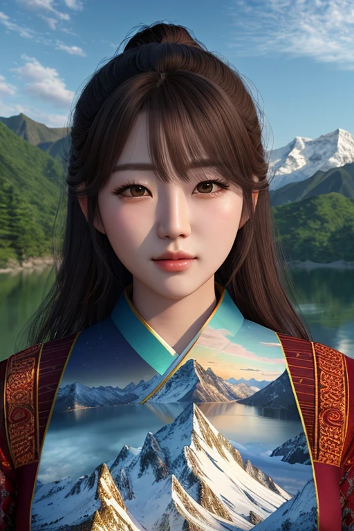 a beautiful korean mountain with lake, (masterpiece), (portrait), (raw photo), (extremely detailed CG unity 8k wallpaper) Intricate, Sharp focus, dramatic, photorealistic  art 3D Hd