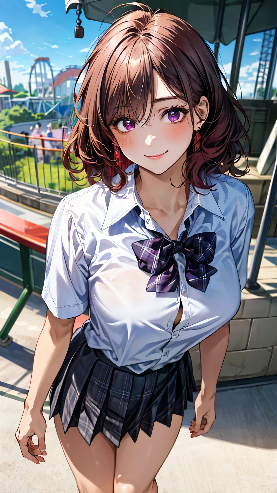 (masterpiece:1.3, top-quality, ultra high res, ultra detailed), (realistic, photorealistic:1.4), beautiful illustration, perfect lighting, natural lighting, colorful, depth of fields, ,
beautiful detailed hair, beautiful detailed face, beautiful detailed eyes, beautiful clavicle, beautiful body, beautiful chest, beautiful thigh, beautiful legs, beautiful fingers, shiny skin, babyface,
looking at viewer, (face focus), 1 girl, japanese, high school girl, (perfect anatomy, anatomically correct, super detailed skin), cute and symmetrical face, perfect face, perfect eyes,
(short hair:1.5, messy hair, sideburns, cherry red hair), hair between eyes, dark purple eyes, big eyes, long eyelashes, (large breasts, seductive thighs), , outstanding style, ,
(detailed cloth texture, white collared shirt, dark green pleated skirt, purple plaid bow tie),
(beautiful scenery), morning, (amusement park, go-round, ferris wheel), standing, (lovely smile, upper eyes),