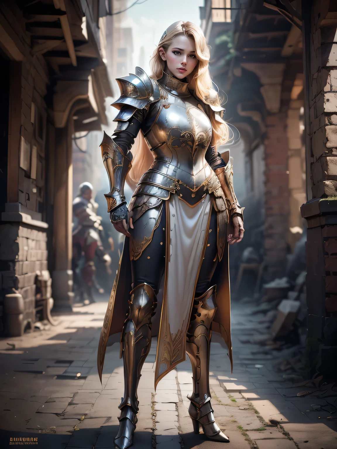 (Masterpiece, Superb Detail, Super Detailed, High Resolution), Male Focus, (((Female Armor))), (((Armor Dress Set))), (She Has Long Blonde Hair, Medium Breasts, Slim, perfect body, beautiful face), Pose for Photo, City Ruins, Background Details, (((Full Body)), Solo