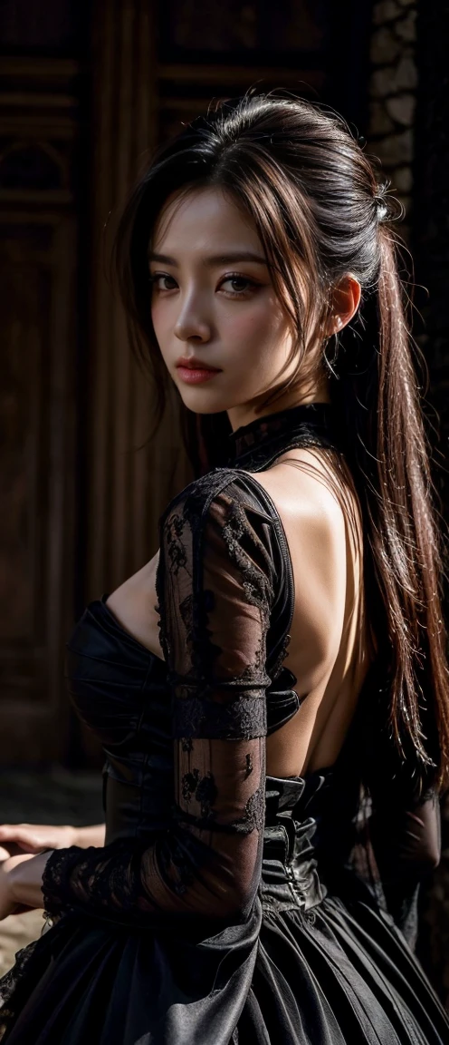 A dramatic portrayal of a striking woman, Gothic-style ensembles – stunning dark gowns or edgy outfits – set against hauntingly beautiful backdrops，Like an ancient castle or a mysterious forest.