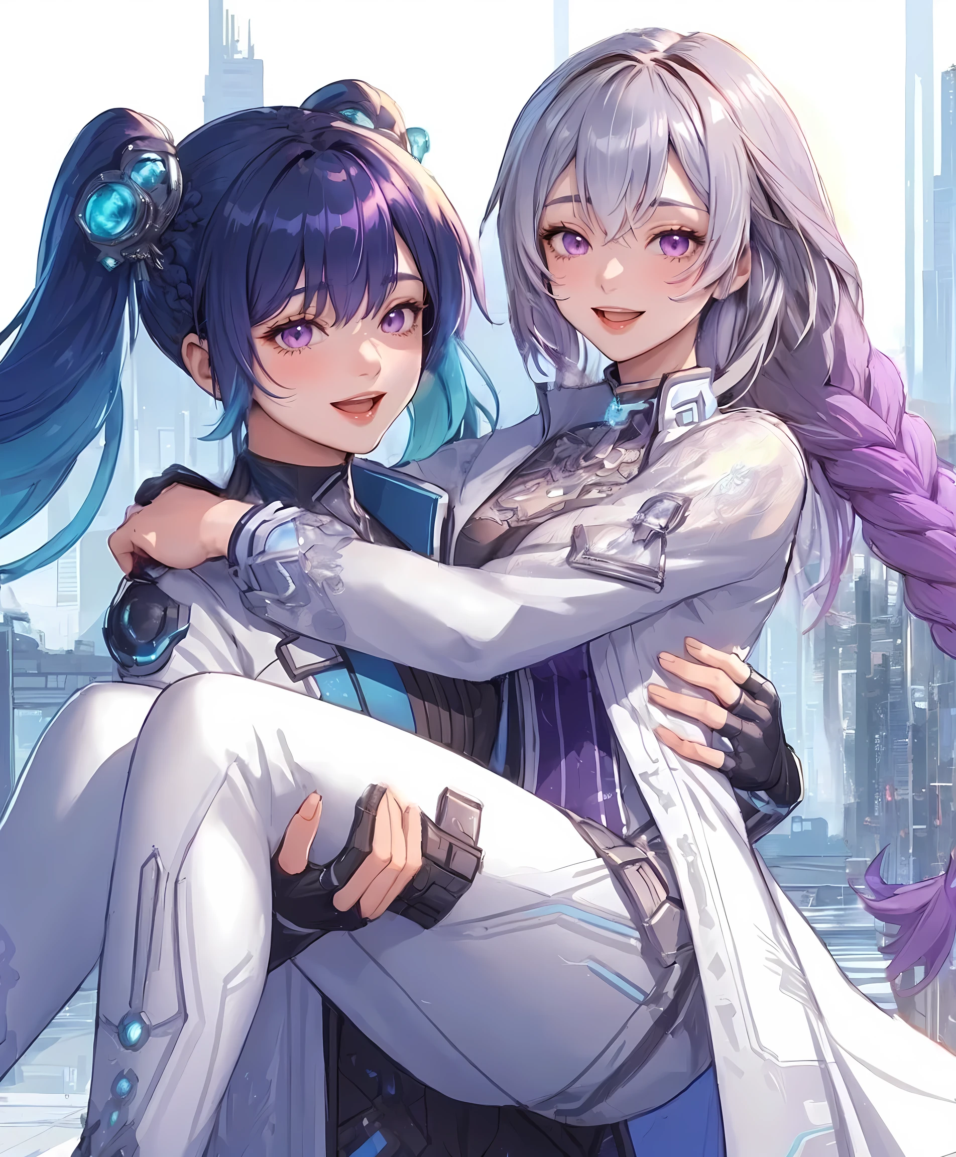 2ladies, (1lady princess-carrying the other), standing, (looking at viewers), (futuristic costume) stylish, mature female, (30s), (masterpiece best quality:1.2) delicate illustration ultra-detailed, large breasts BREAK 1lady, (silver long hair), (twin braid), (gradient hair) purple, blush happy smile, (open mouth), purple eyes BREAK 1lady, (dark blue straight hair) bangs, (gradient hair) green, (kind smile) BREAK (futuristic city) outdoors, soft lighting, science fiction, detailed background