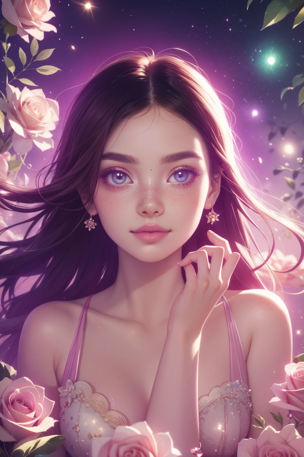 (This is a beautiful, intricate, (romatic) fantasy image that emphasizes beauty and grace.) Generate a curvy woman with milky eyes and soft natural freckles. Her face is important and should be (perfectly formed) with (beautiful puffys) and (perfect features). There is a cute freckle birthmark on her lip. The image exudes ethereal beauty and soft fantasy, with shimmering shades of pink throughout. Surround her with eternal roses in shimmering shades. Ensure perfection in her face, hair, and eyes. Include sweet and detailed birds and soft, luminous flowers and detailed roses. Utilize dynamic composition and dramatic lighting and cinematic lighting to create an interesting fantasy image. The background of the image is interesting and ultra-detailed, with soft fantasy lighting and gradients. Include fantasy details, cute aura, colorful, colourful, and interesting magical background. The image's background is decorated in shades of pink, shimmer, glitter, and fantasy details like colored bubbles and cosmos. Include subtle freckles, natural freckles and a diffused realistic skin tone. Incorporate elements of high fantasy, whimsy, and detailed elegance. English rose, princess, courtesan, noblewoman, sweet, lovely, calm, lovely, shimmering, glimmering, glittering, astrological fantasy, (((masterpiece))), (highest quality), magic rose, fantasy garden, beautiful face, perfect face, puffy lipnteresting, shy smile, fantasy elements, magic rose, beautiful eyes, perfect puffy lips, j tones, luminosity. Taken with a canon camera.