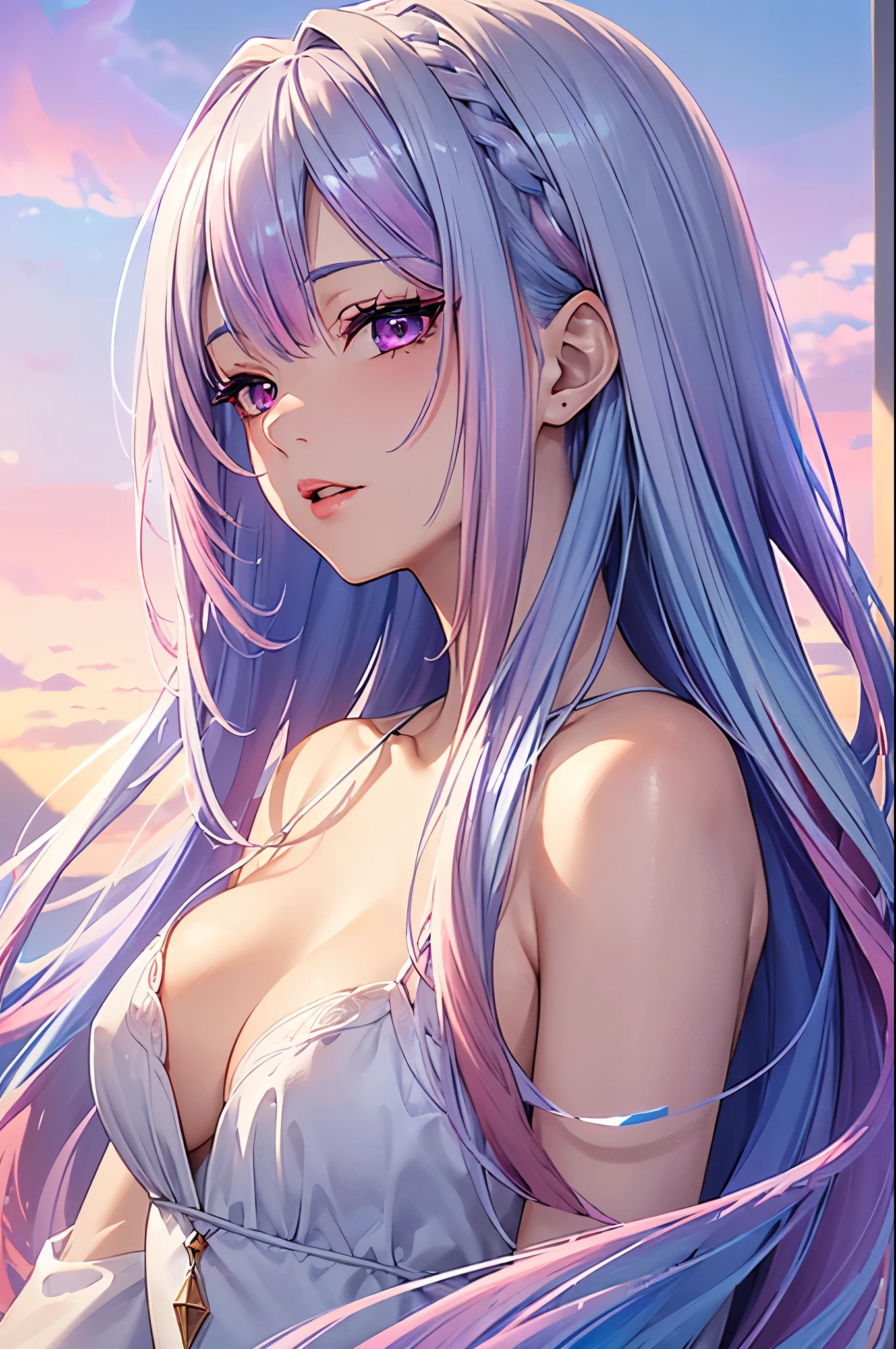 (Best quality, 8K, high resolution, masterpiece:1.2), Digital Artwork, A girl, Delicate face, delicate eyes, (Silver blue hair with pink and purple streaks:1.4), (Gradient sky blue hair:1.6), Long and straight hair, glowing purple eyes, eye-makeup, (Red lips), Northern Europe, Norway, ice and snow, High quality CG, feminine pose, In-depth background,