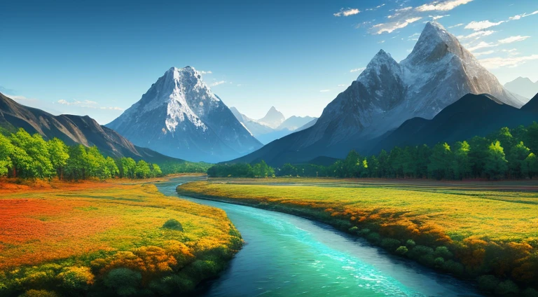 a river with a mountain in the background, a matte painting by Torii Kiyomitsu, shutterstock contest winner, color field, terragen, photo taken with ektachrome, vivid colors
