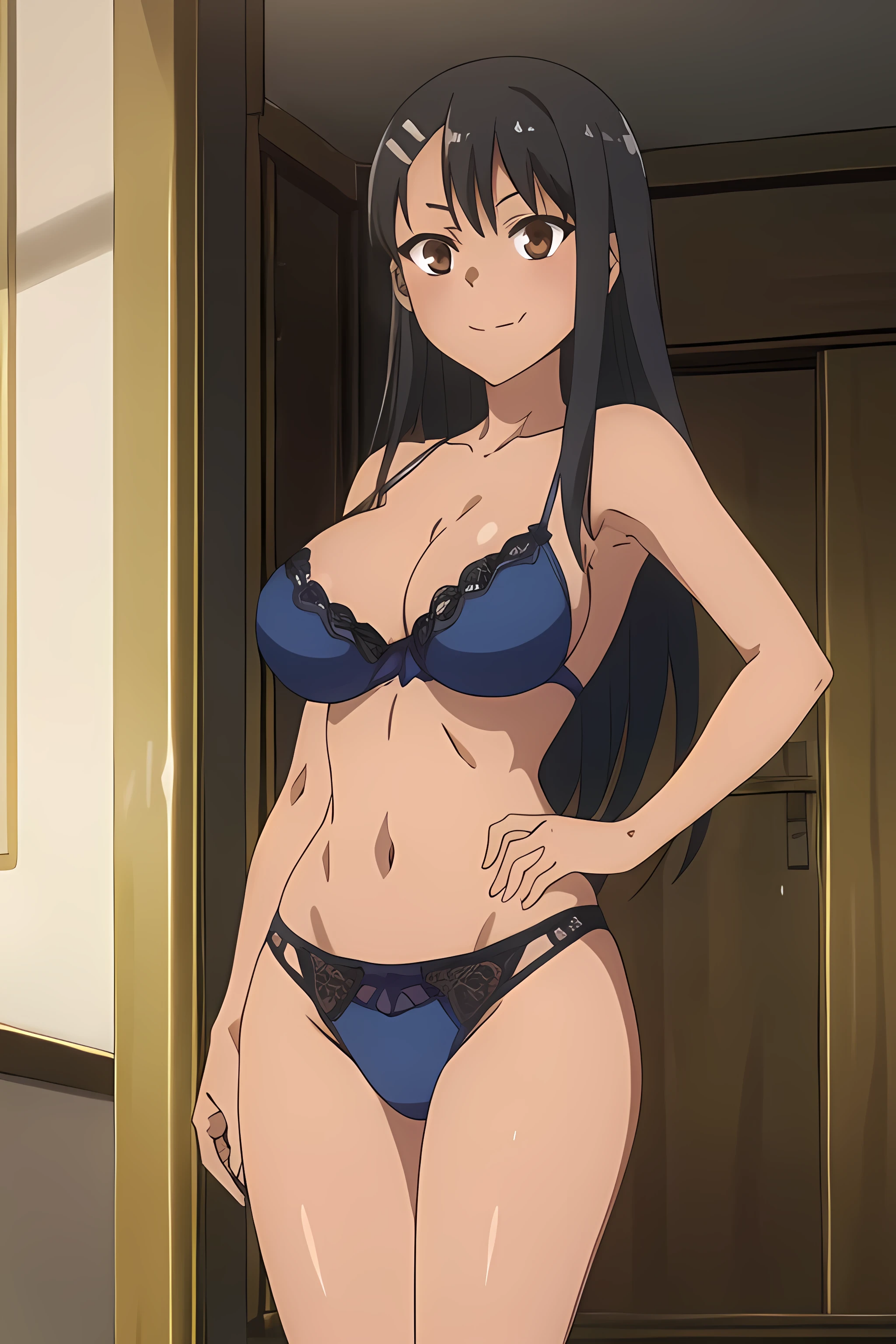 (extremely detailed CG unity 8k wallpaper), (masterpiece), (best quality), (ultra-detailed), (best illustration), (best shadow), (absurdres), 1girl, solo, pefrect face, perfect eyes,,nagatoro hayase, hair ornament, brown eyes, hairclip, ,dark skin, black hair, long hair, evil smile, skin fang, blue lace lingerie, huge breasts, shining breasts, close the camera, standing, shining breast, sfw, safe,