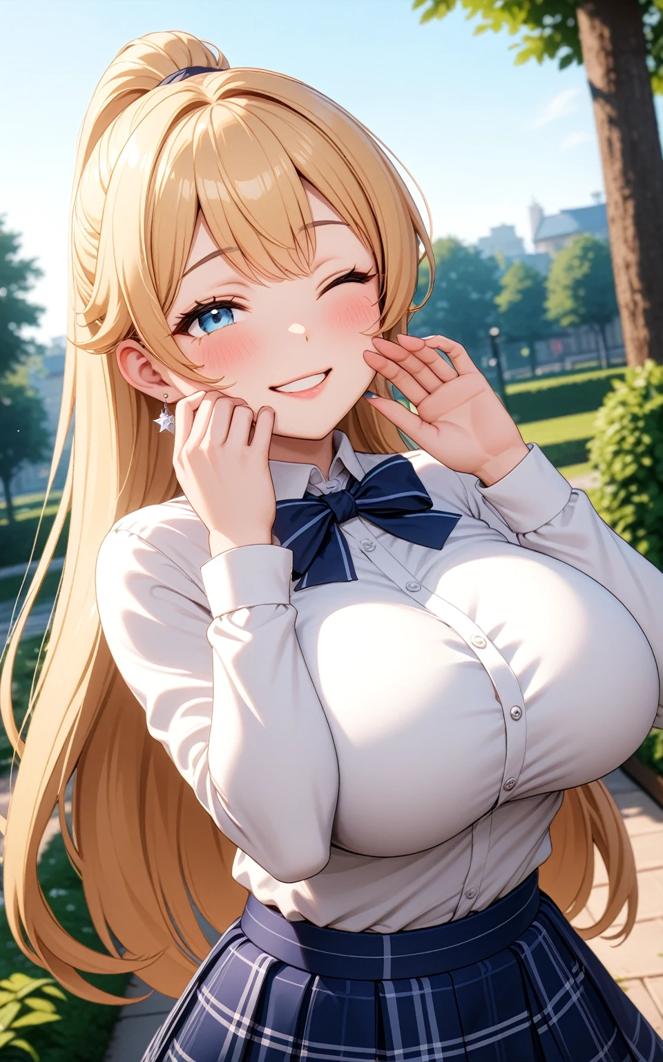 (One girl), Beautiful smile,(Wink:2.0),Blushing,Close your mouth,Glossy Lips,Abstract, Park in the evening, masterpiece, highest quality, so beautiful, Absurd, up to date, Complex details, Pink long nails,AI-generated, Complex,High resolution, highest quality, super high quality,3D Images、View the viewers、3D Images,one person,Long Blonde Hair,High Ponytail,blue eyes,Anime girl posing for photo, [[Fine grain、Colorful eyes、Shining Eyes:1.15]],(Squint your eyes:1.1),a hyperRealistic , hyperRealistic , Realistic , blonde anime girl with long hair, Smooth anime CG art, Beautiful anime school girl,White long sleeve blouse,Blue checked skirt,Big blue chest ribbon, Earrings,(Large Breasts:1.3),Mature Body,tall,Fine details,Abdominal muscles,(Put your hands on your face),Tilt your face
