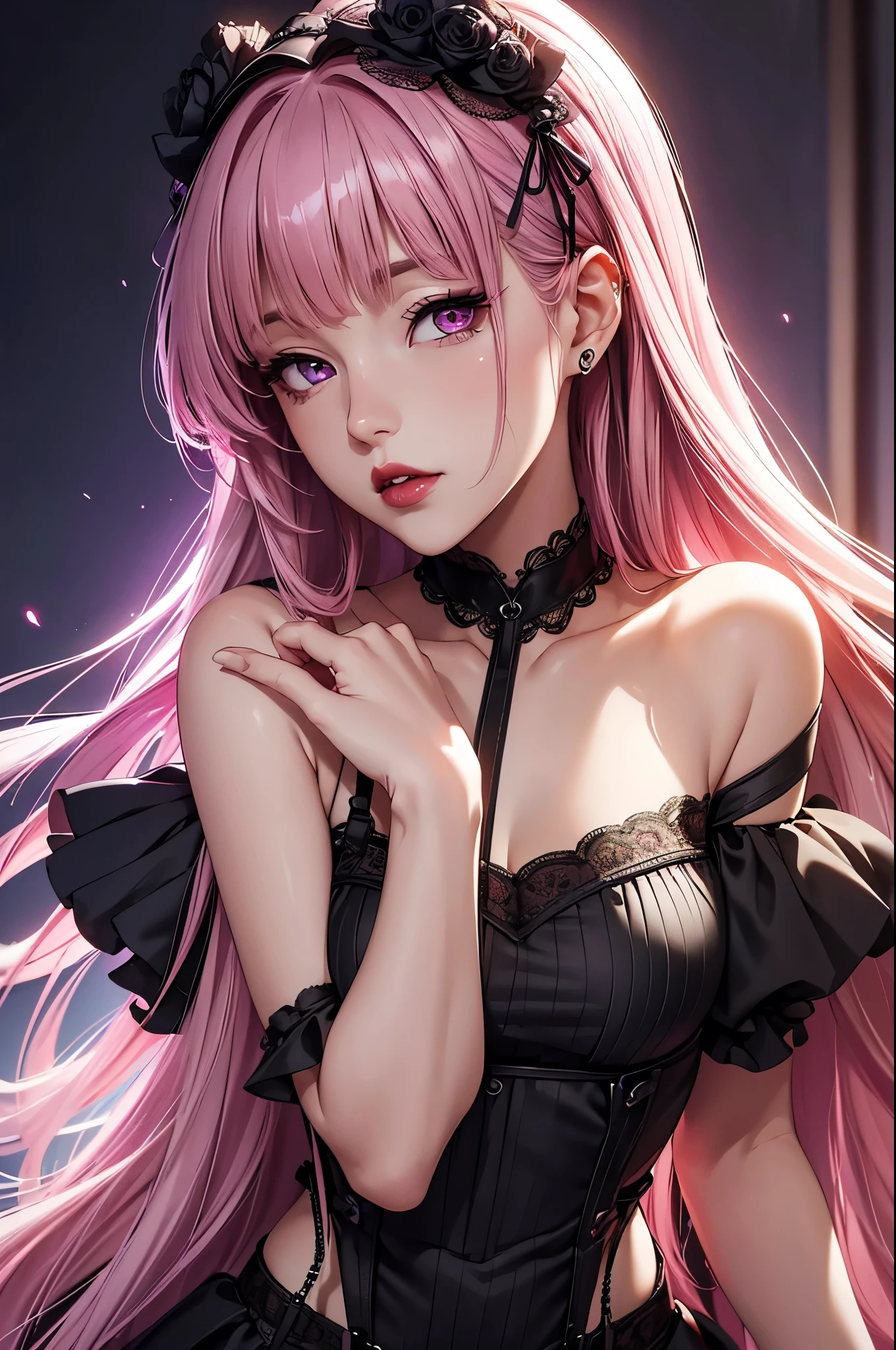 (Best quality,8K,high resolution,masterpiece:1.2),Digital Artwork, A girl，Delicate face，delicate eyes，Pink Hair，Long and straight hair，glowing purple eyes，Red lips，Suspenders, High quality CG, feminine pose, goth style