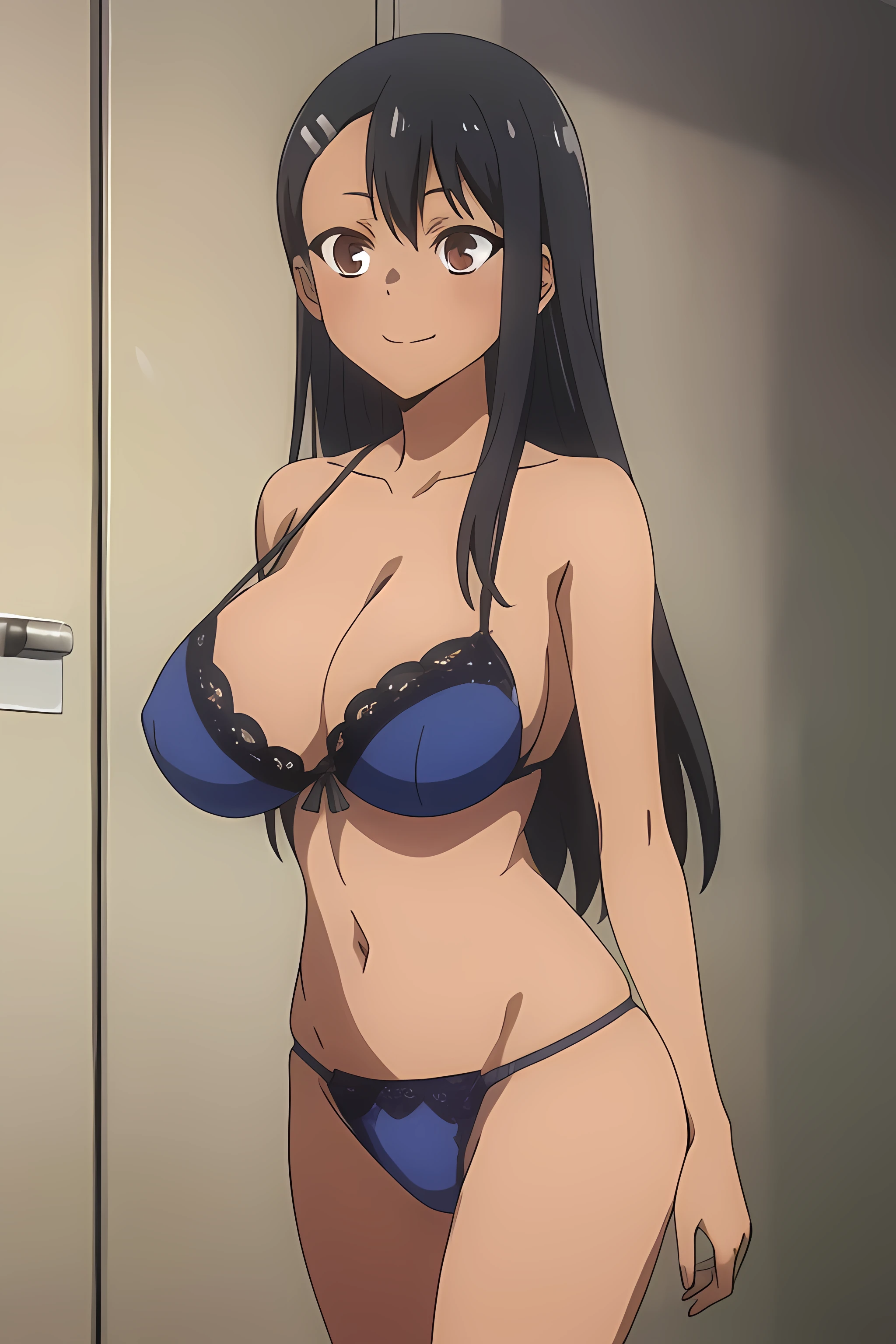 (extremely detailed CG unity 8k wallpaper), (masterpiece), (best quality), (ultra-detailed), (best illustration), (best shadow), (absurdres), 1girl, solo, pefrect face, perfect eyes,,nagatoro hayase, hair ornament, brown eyes, hairclip, ,dark skin, black hair, long hair, evil smile, skin fang, blue lace lingerie, huge breasts, shining breasts, close the camera, standing, shining breast, sfw, safe,