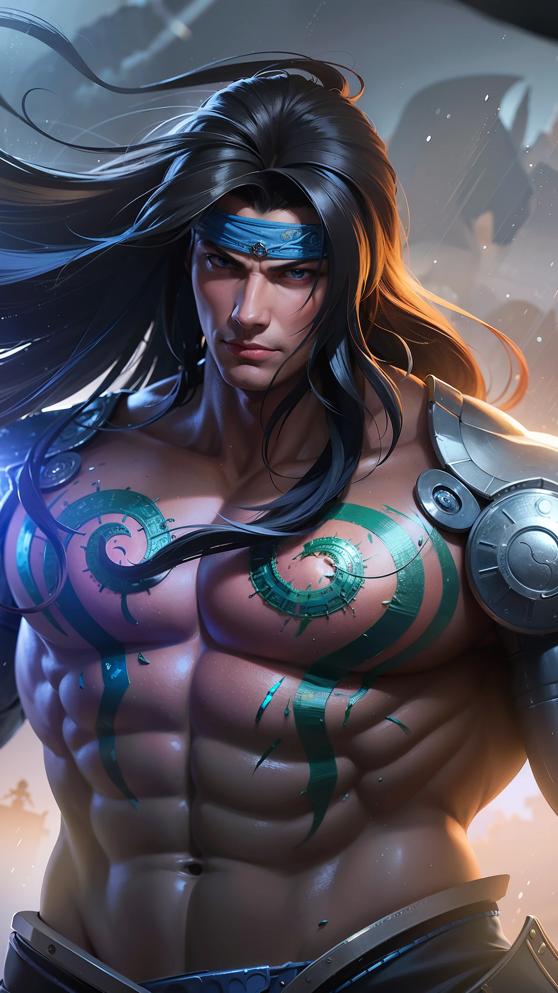 a male with blue headband fabric, Best quality, masterpiece, detailed skin texture, detailed clothes texture, detailed face, super detailed, 8k, intricate detail, The color doesn't change, Muscle guy, 1 male, angry, sharp eyes, blue eyes, rain background.