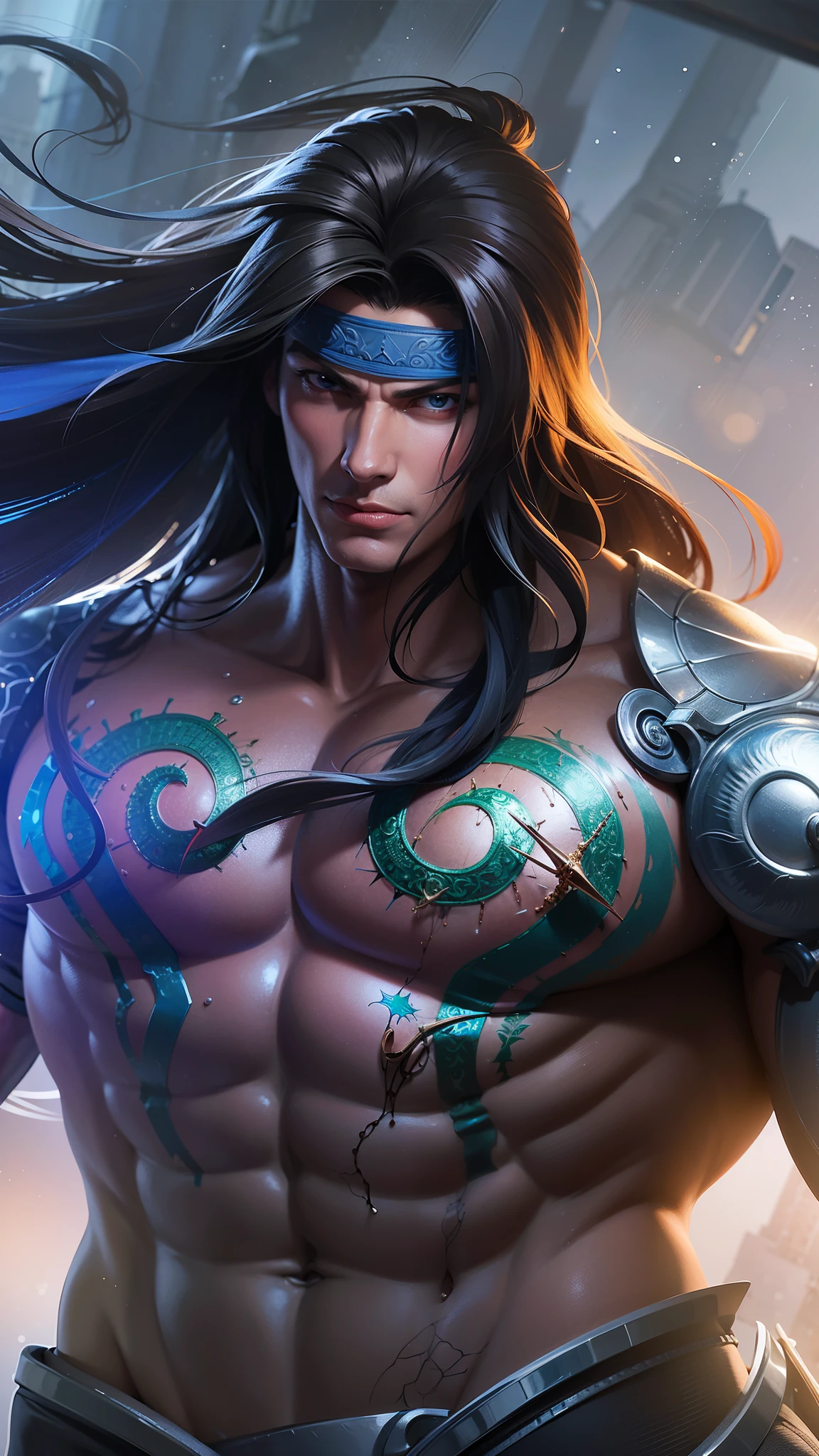 a male with blue headband fabric, Best quality, masterpiece, detailed skin texture, detailed clothes texture, detailed face, super detailed, 8k, intricate detail, The color doesn't change, Muscle guy, 1 male, angry, sharp eyes, blue eyes, rain background.