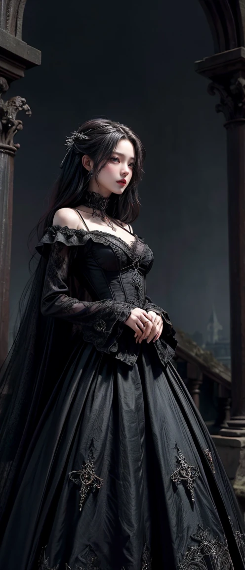 A dramatic portrayal of a striking woman, Gothic-style ensembles – stunning dark gowns or edgy outfits – set against hauntingly beautiful backdrops，Like an ancient castle or a mysterious forest.