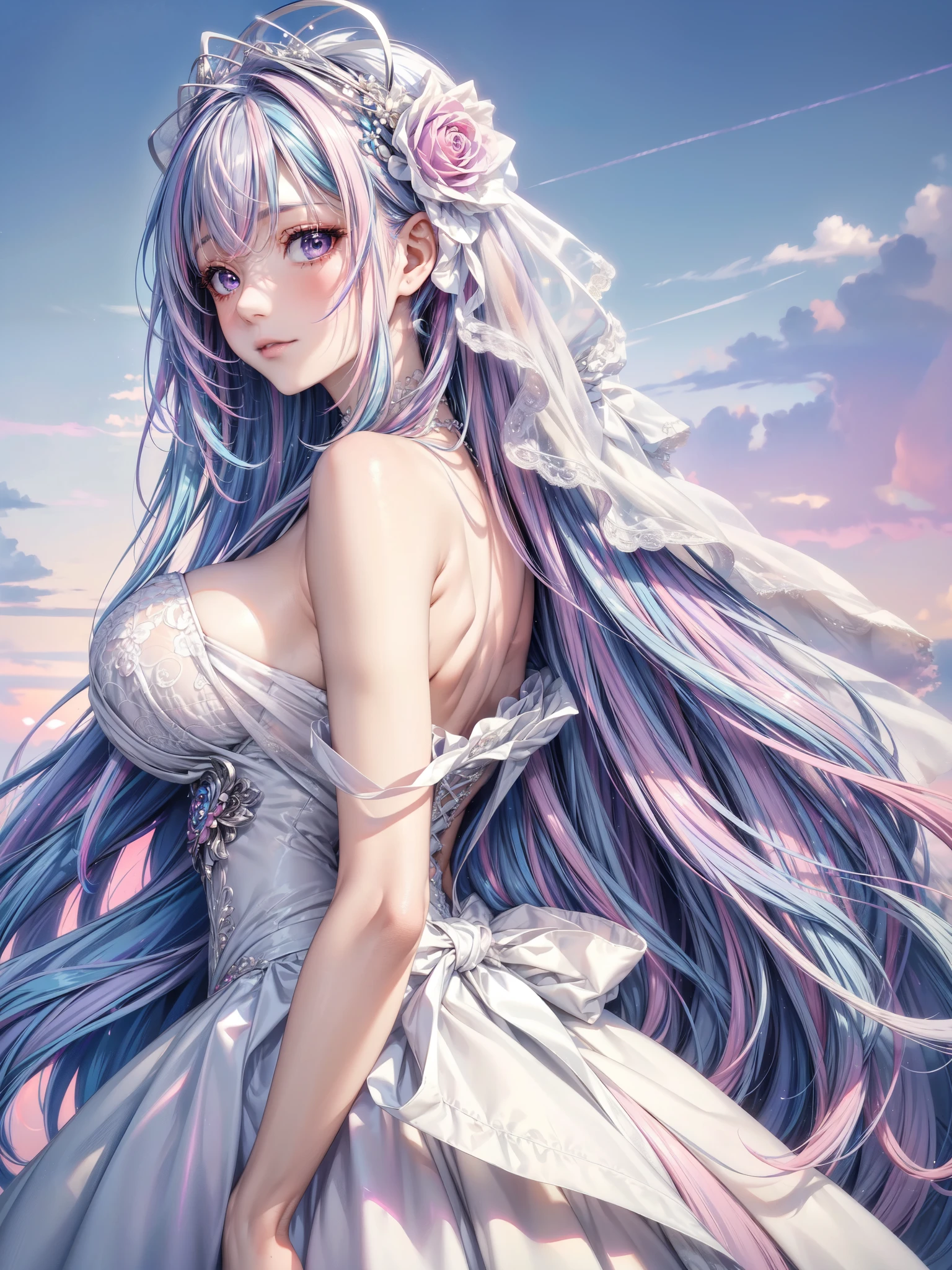 (masterpiece, best quality, beautiful and aesthetic:1.3), Looking Back, side view, 1 Girl, Solitary, A faint smile,  (Silver blue hair with pink and purple streaks:1.4), (Gradient sky blue hair:1.6), Hair, Absurdly long hair, One-side lock, curls, shiny hair, Flowing hair, (Deep purple eyes), Delicateeyes, Aqua eyes, Ultra-high detail eyes, long upper eyelashes, cosmetic, focus on face, The facial details are very rich, Pretty Face, Perfect breasts, Hot body, (The skin texture is delicate:1.2), wedding veil, Lace-trimmed dress, transparent, Wedding dress, outdoor, White Rose, garden, morning, permanent, Extremely detailed, 