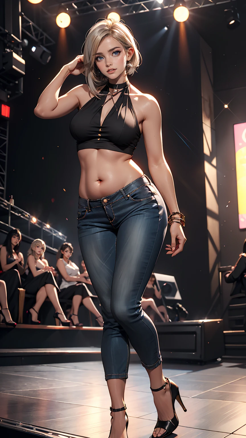 25 year old Caucasian female、Silver Hair、Straight Hair、Erotic proportions、Beautiful legs、Beautiful breasts、Wear a cross halter top、Lower milk visible、I can see my belly button、Low rise skinny jeans、Wear stiletto heels、Brush your hair back、smile、Being on stage、sexy pose