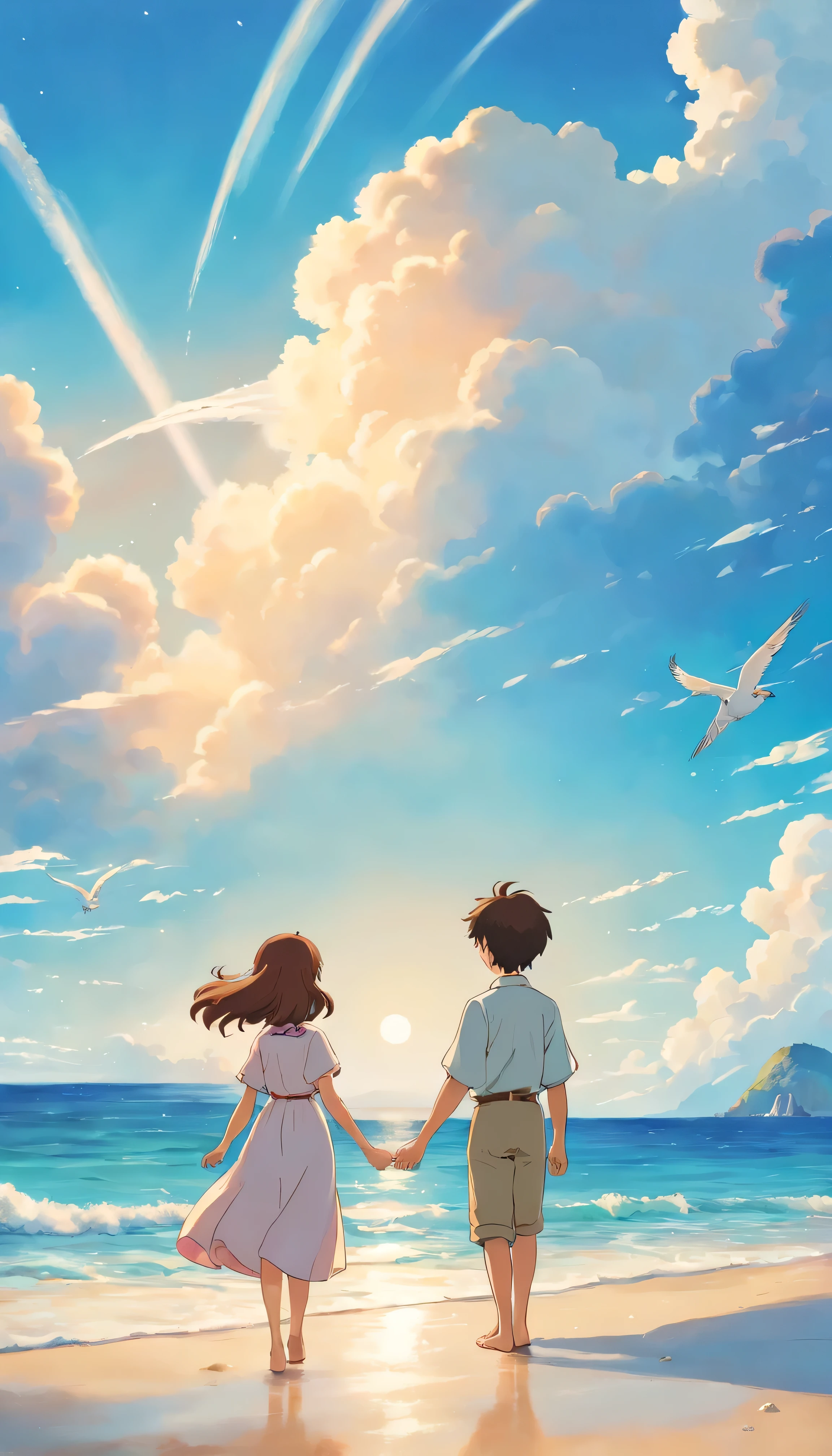 Beautiful beach with huge sky, one boy and one girl standing on the beach, the boy is tall, the girl is shorter with shoulder length hair, boy and girl holding hands and staring into sea, boy and girl wearing wedding outfits