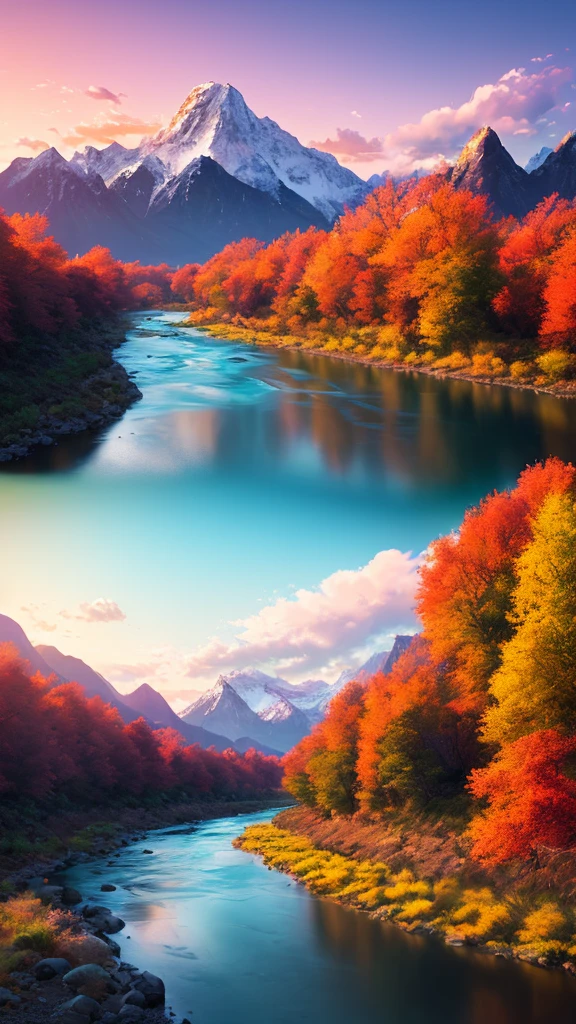 a river with a mountain in the background, a matte painting by Torii Kiyomitsu, shutterstock contest winner, color field, terragen, photo taken with ektachrome, vivid colors