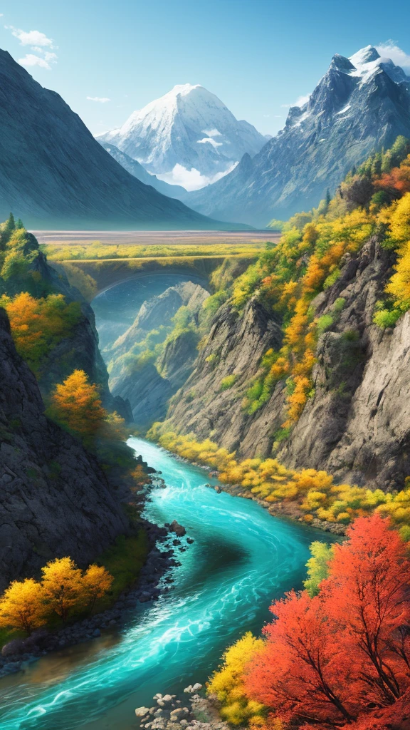 a river with a mountain in the background, a matte painting by Torii Kiyomitsu, shutterstock contest winner, color field, terragen, photo taken with ektachrome, vivid colors