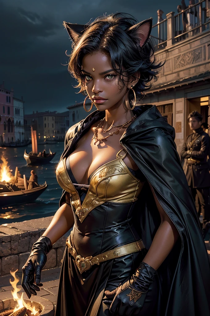 (masterpiece,stunning girlfriend, (standing:1.1), dynamic pose, heart shaped face, elegant face, beautiful face, highly detailed face, highres, masterpiece,best quality,original,extremely detailed CG,extremely detailed wallpaper,perfect lighting,looking at viewer,bare hands,1girl, SiennaKhan,short hair,black hair,animal ears,yellow eyes, (cat ears),dark skin,dark-skinned female,gloves,jewelry,earrings,cape,facial mark,cleavage cutout,hoop earrings, standing, outside, dystopian future, venice, italy, river, gondola, (crowd in military uniforms), bonfires, closed mouth, serious look, serious expression, looking at viewer,