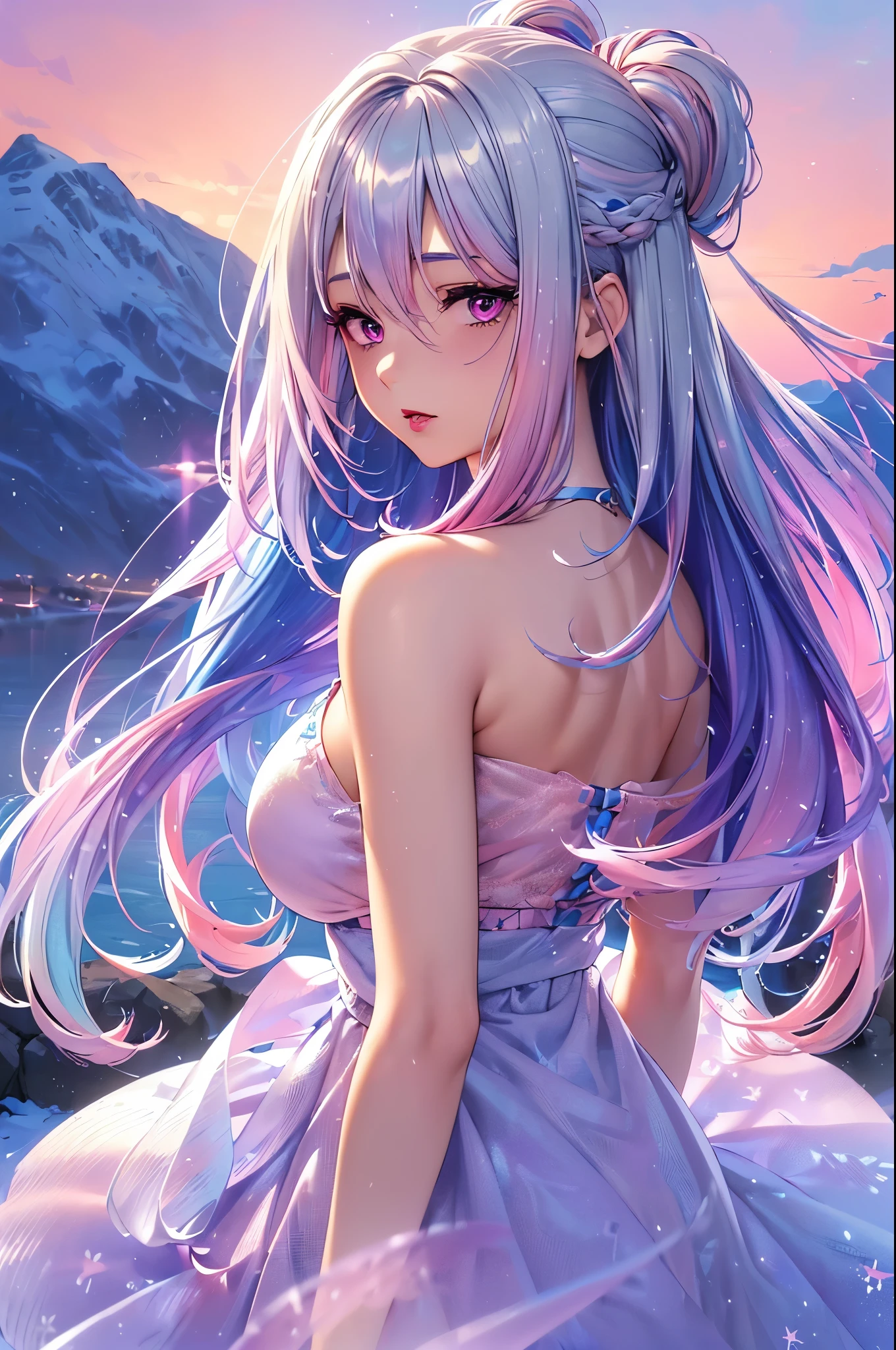 (Best quality, 8K, high resolution, masterpiece:1.2), Digital Artwork, A girl, Delicate face, delicate eyes, (Silver blue hair with pink and purple streaks:1.4), (Gradient sky blue hair:1.6), Long and straight hair, glowing purple eyes, eye-makeup, (Red lips), Northern Europe, Norway, ice and snow, High quality CG, feminine pose, In-depth background,