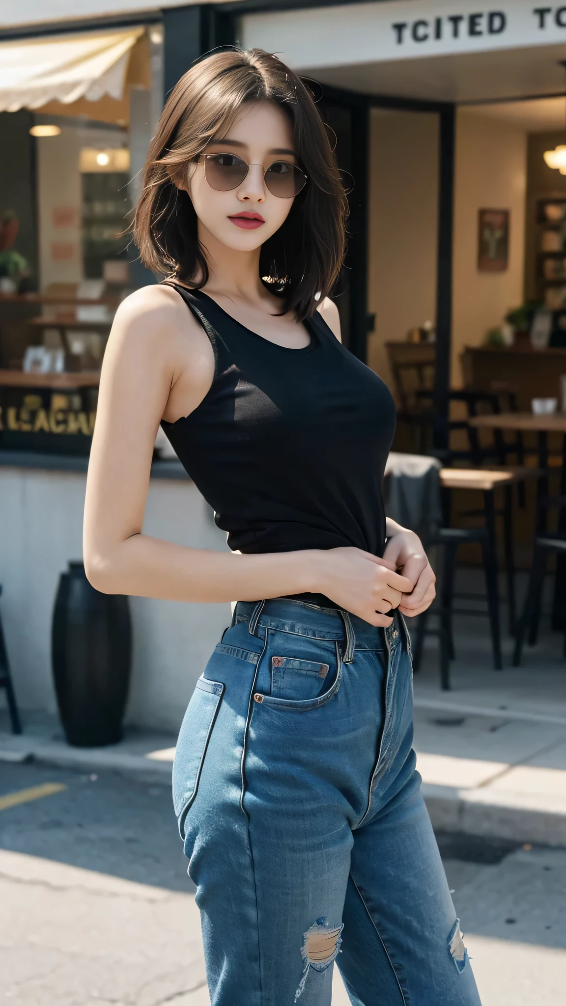 masterpiece, top-quality, 1 beautiful girl, ((Wearing black sunglasses )), (Detailed beautiful eyes), ((Detailed skin)) , ((Detailed medium hair)), A beautiful girl in jeans tank top jeans and oversize hight waist jean, in the coffee blue, CG rendering, Blurred background, deep shadow, 16K, bokered, Very detailed, wallpaper, depth of field, movie light,, Ray tracing.