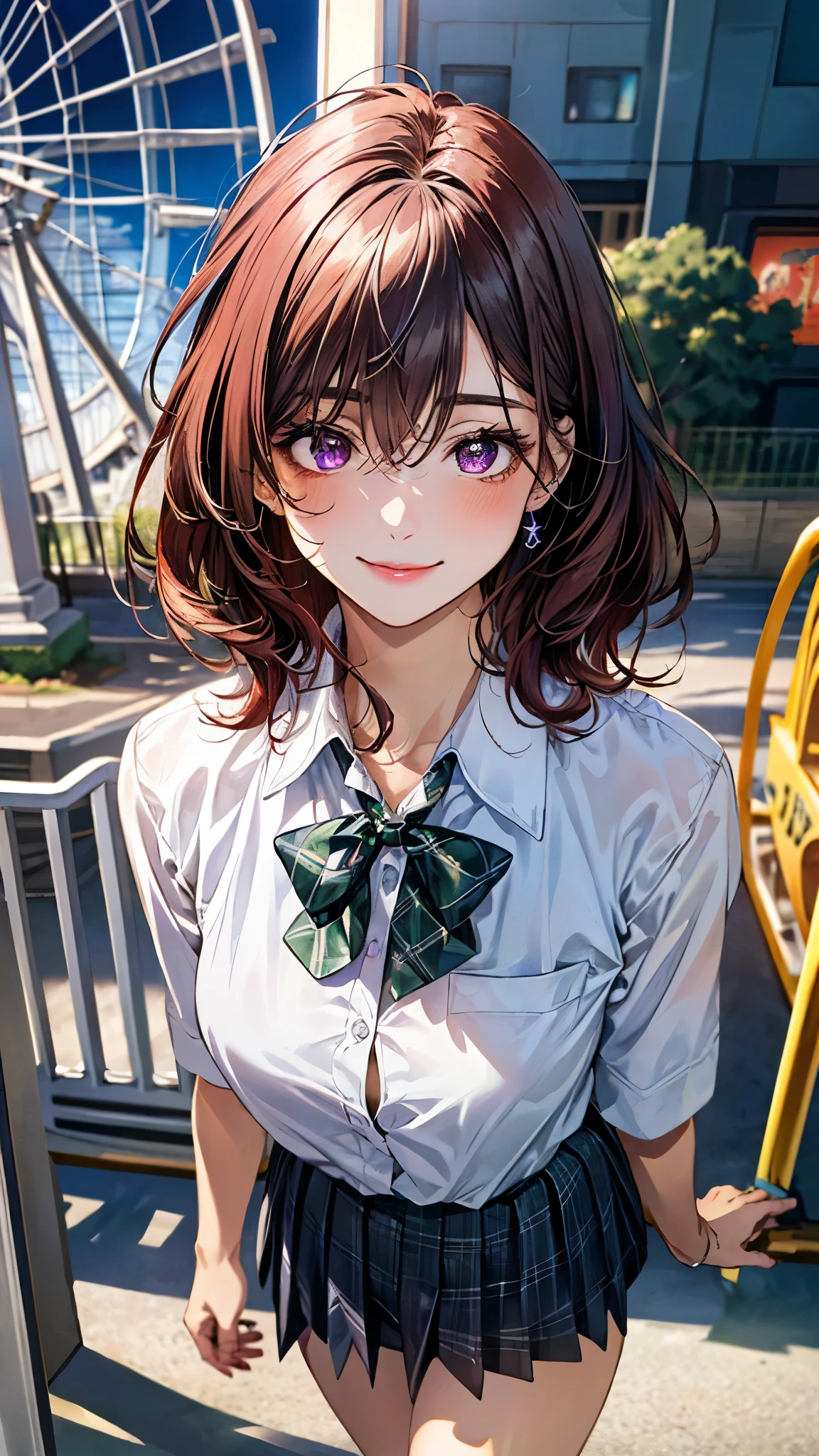 (masterpiece:1.3, top-quality, ultra high res, ultra detailed), (realistic, photorealistic:1.4), beautiful illustration, perfect lighting, natural lighting, colorful, depth of fields, ,
beautiful detailed hair, beautiful detailed face, beautiful detailed eyes, beautiful clavicle, beautiful body, beautiful chest, beautiful thigh, beautiful legs, beautiful fingers, shiny skin, babyface,
looking at viewer, (face focus), 1 girl, japanese, high school girl, (perfect anatomy, anatomically correct, super detailed skin), cute and symmetrical face, perfect face, perfect eyes,
(short hair:1.5, messy hair, sideburns, cherry red hair), hair between eyes, dark purple eyes, big eyes, long eyelashes, (large breasts, seductive thighs), , outstanding style, ,
(detailed cloth texture, white collared shirt, dark green pleated skirt, purple plaid bow tie),
(beautiful scenery), morning, (amusement park, go-round, ferris wheel), standing, (lovely smile, upper eyes),