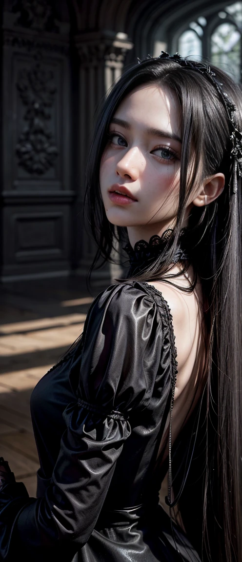 A dramatic portrayal of a striking woman, Gothic-style ensembles – stunning dark gowns or edgy outfits – set against hauntingly beautiful backdrops，Like an ancient castle or a mysterious forest.