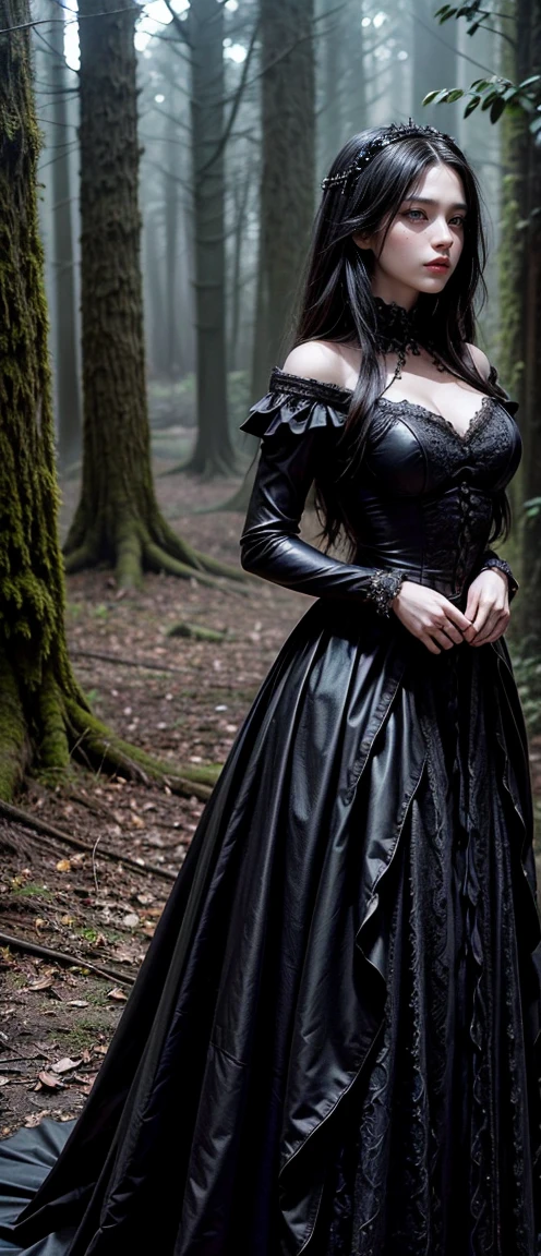 A dramatic portrayal of a striking woman, Gothic-style ensembles – stunning dark gowns or edgy outfits – set against hauntingly beautiful backdrops，Like an ancient castle or a mysterious forest.