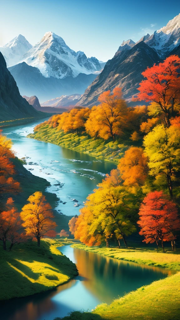 a river with a mountain in the background, a matte painting by Torii Kiyomitsu, shutterstock contest winner, color field, terragen, photo taken with ektachrome, vivid colors