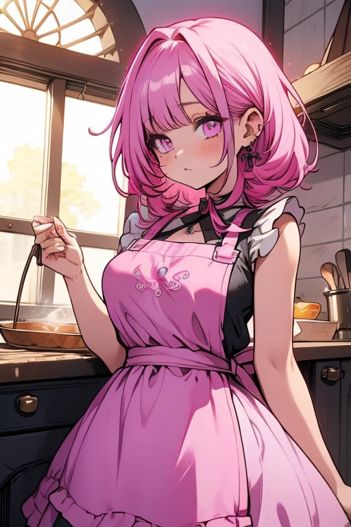 A pink haired woman with violet eyes with an hourglass figure in an apron and pretty summer dress is baking in a gothic kitchen