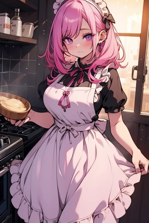 A pink haired woman with violet eyes with an hourglass figure in an apron and pretty summer dress is baking in a gothic kitchen