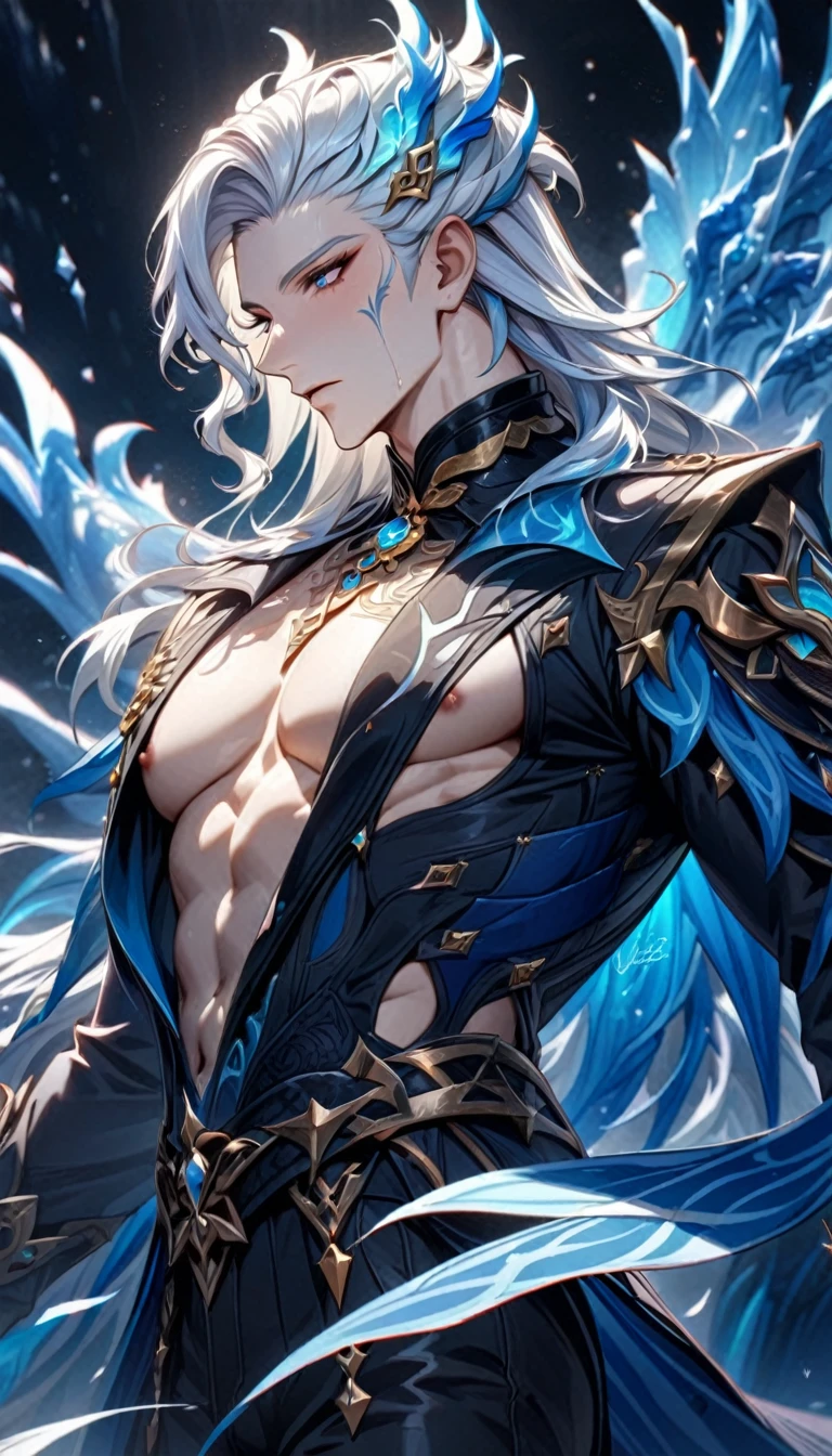 absurdres, highres, ultra detailed, HDR, master piece, best quality, perfect face, Neuvillette, white hair, expressive blue eyes, Genshin Impact, solo, sexy man, handsome, toned chest, sensual, erotic, black clothes, black pants, a winter fantasy world, snowflakes dropping down the sky, everything has turned into ice, a white dragon flying in the distance, exotic colors, magical, powers