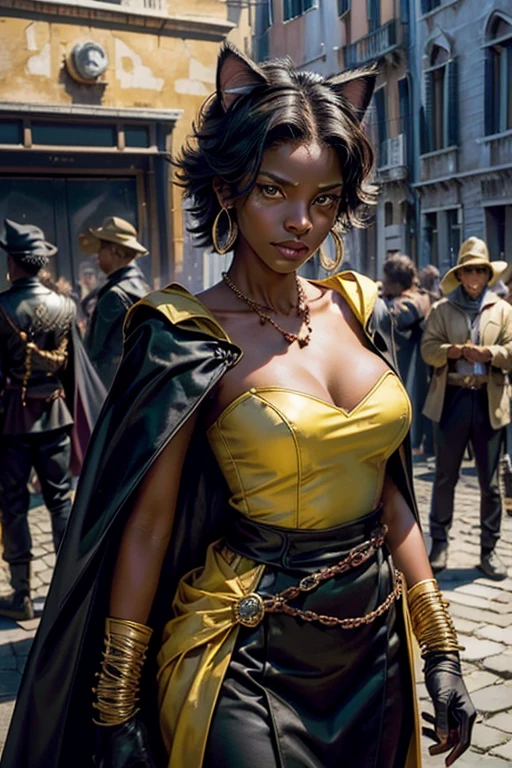 (masterpiece,stunning girlfriend, (standing:1.1), dynamic pose, heart shaped face, elegant face, beautiful face, highly detailed face, highres, masterpiece,best quality,original,extremely detailed CG,extremely detailed wallpaper,perfect lighting,looking at viewer,bare hands,1girl, SiennaKhan,short hair,black hair,animal ears,yellow eyes, (cat ears),dark skin,dark-skinned female,gloves,jewelry,earrings,cape,facial mark,cleavage cutout,hoop earrings, standing, outside, dystopian future, venice, italy, river, gondola, (crowd in military uniforms), bonfires, closed mouth, serious look, serious expression, looking at viewer,