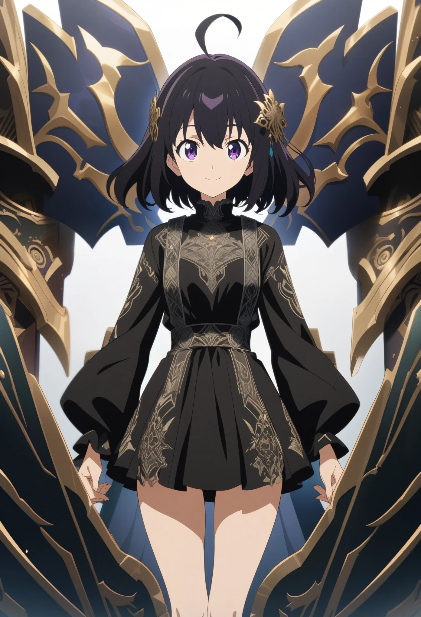 masterpiece, best quality, very aesthetic, absurdres, intricate, overall detail, cowboy shot,
official style, 2d cel anime, {{maple (bofuri)}}, {{bofuri}}, very aesthetic, best quality, intricate, overall detail, 1 girl, medium hair, ahoge, purple eyes, hair ornament, black dress, mini-skirt, huge shield, standing, light smile, simple background, facing the front, straight-on, close to viewer, cowboy shot, solo focus, intricate, (highly detailed),