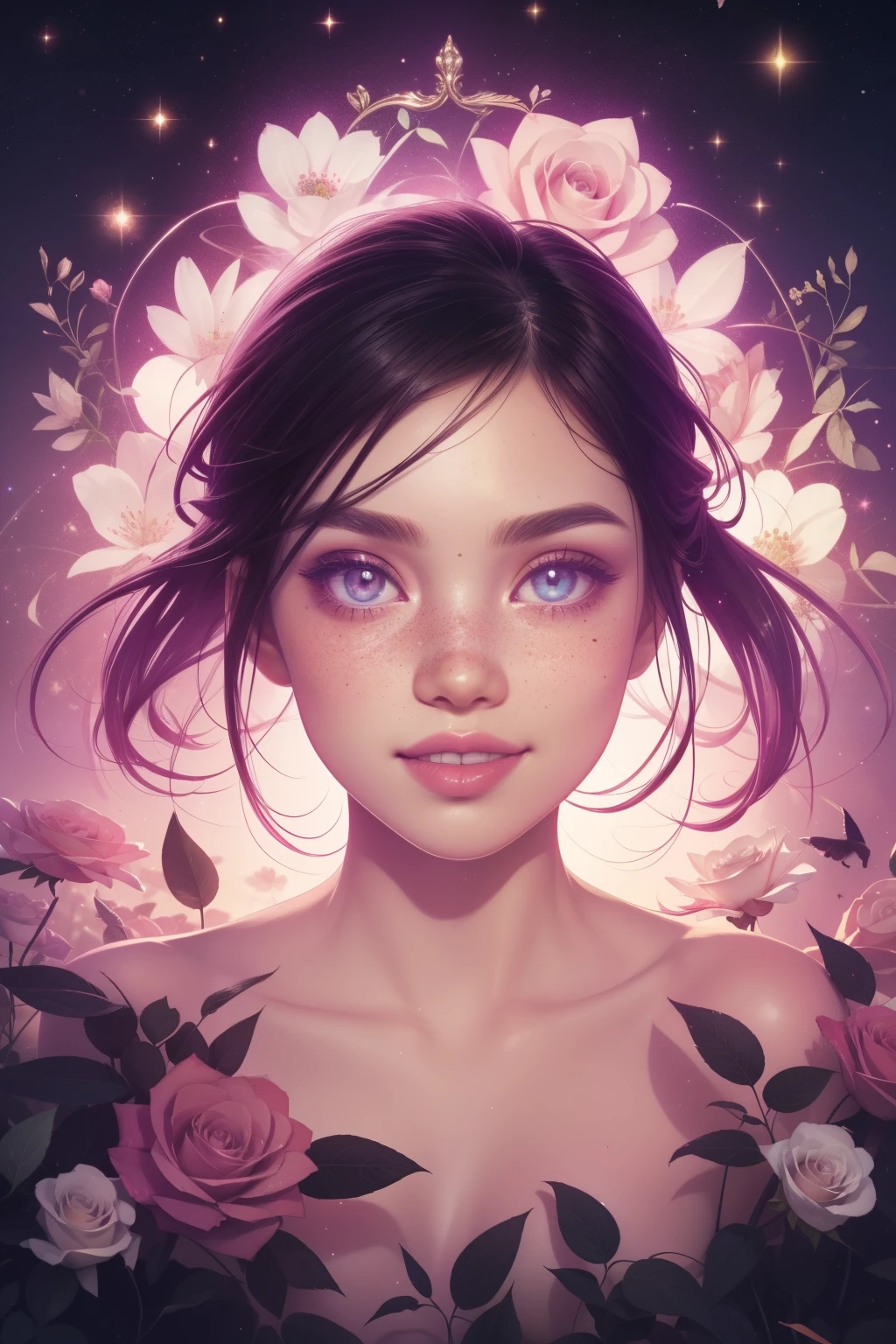 (This is a beautiful, intricate, (romatic) fantasy image that emphasizes beauty and grace.) Generate a curvy woman with milky eyes and soft natural freckles. Her face is important and should be (perfectly formed) with (beautiful puffys) and (perfect features). There is a cute freckle birthmark on her lip. The image exudes ethereal beauty and soft fantasy, with shimmering shades of pink throughout. Surround her with eternal roses in shimmering shades. Ensure perfection in her face, hair, and eyes. Include sweet and detailed birds and soft, luminous flowers and detailed roses. Utilize dynamic composition and dramatic lighting and cinematic lighting to create an interesting fantasy image. The background of the image is interesting and ultra-detailed, with soft fantasy lighting and gradients. Include fantasy details, cute aura, colorful, colourful, and interesting magical background. The image's background is decorated in shades of pink, shimmer, glitter, and fantasy details like colored bubbles and cosmos. Include subtle freckles, natural freckles and a diffused realistic skin tone. Incorporate elements of high fantasy, whimsy, and detailed elegance. English rose, princess, courtesan, noblewoman, sweet, lovely, calm, lovely, shimmering, glimmering, glittering, astrological fantasy, (((masterpiece))), (highest quality), magic rose, fantasy garden, beautiful face, perfect face, puffy lipnteresting, shy smile, fantasy elements, magic rose, beautiful eyes, perfect puffy lips, j tones, luminosity. Taken with a canon camera.