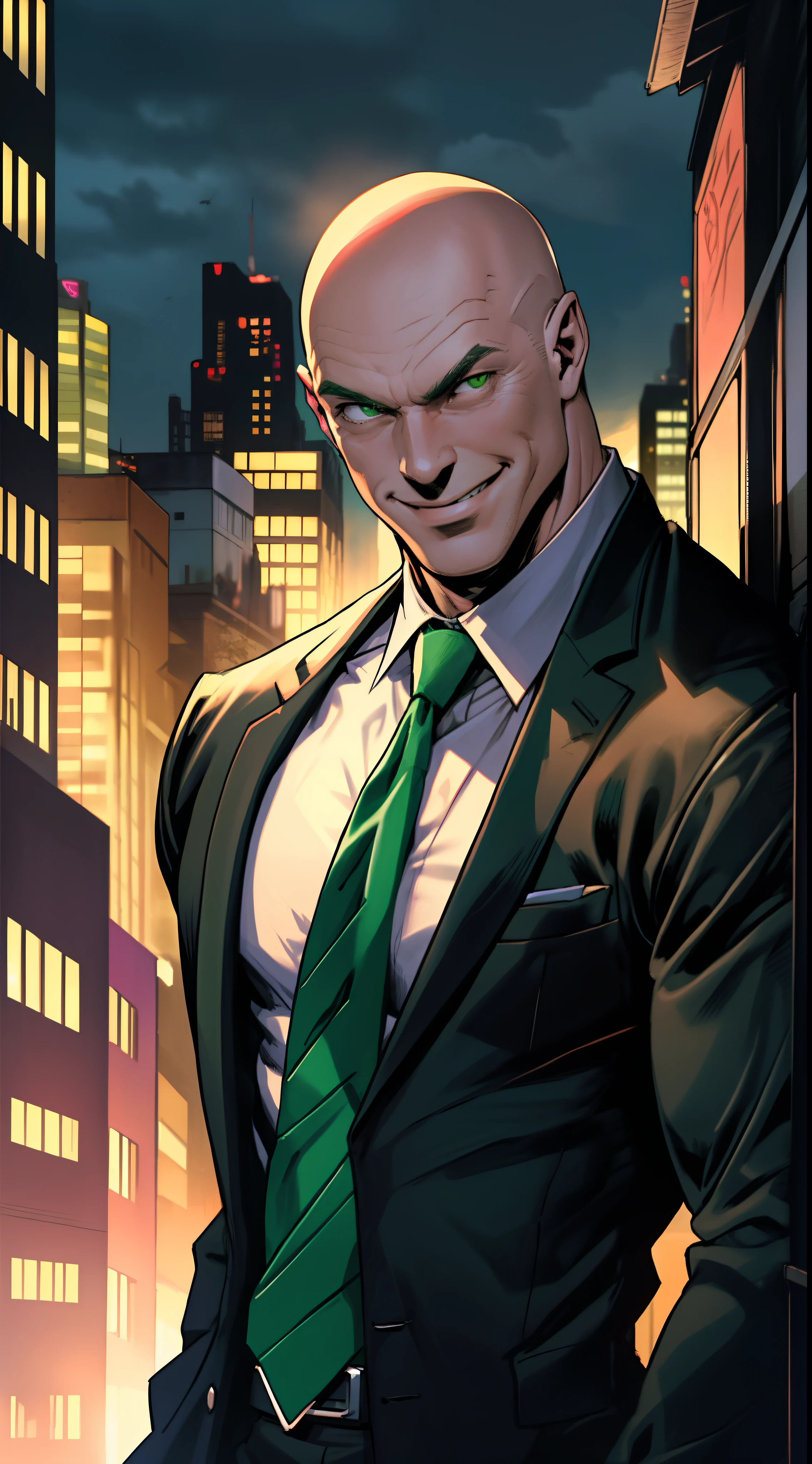 1 homem, Sozinho, tiro na parte superior do corpo, Lex Luthor, homem de meia idade, Careca, massa muscular magra, ombro largo, (evil smile), Careca, sem cabelo, vestindo um terno preto, gravata verde brilhante, vestido preto, cidade ao fundo, twilight