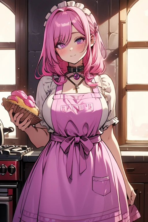 A pink haired woman with violet eyes with an hourglass figure in an apron and pretty summer dress is baking in a gothic kitchen
