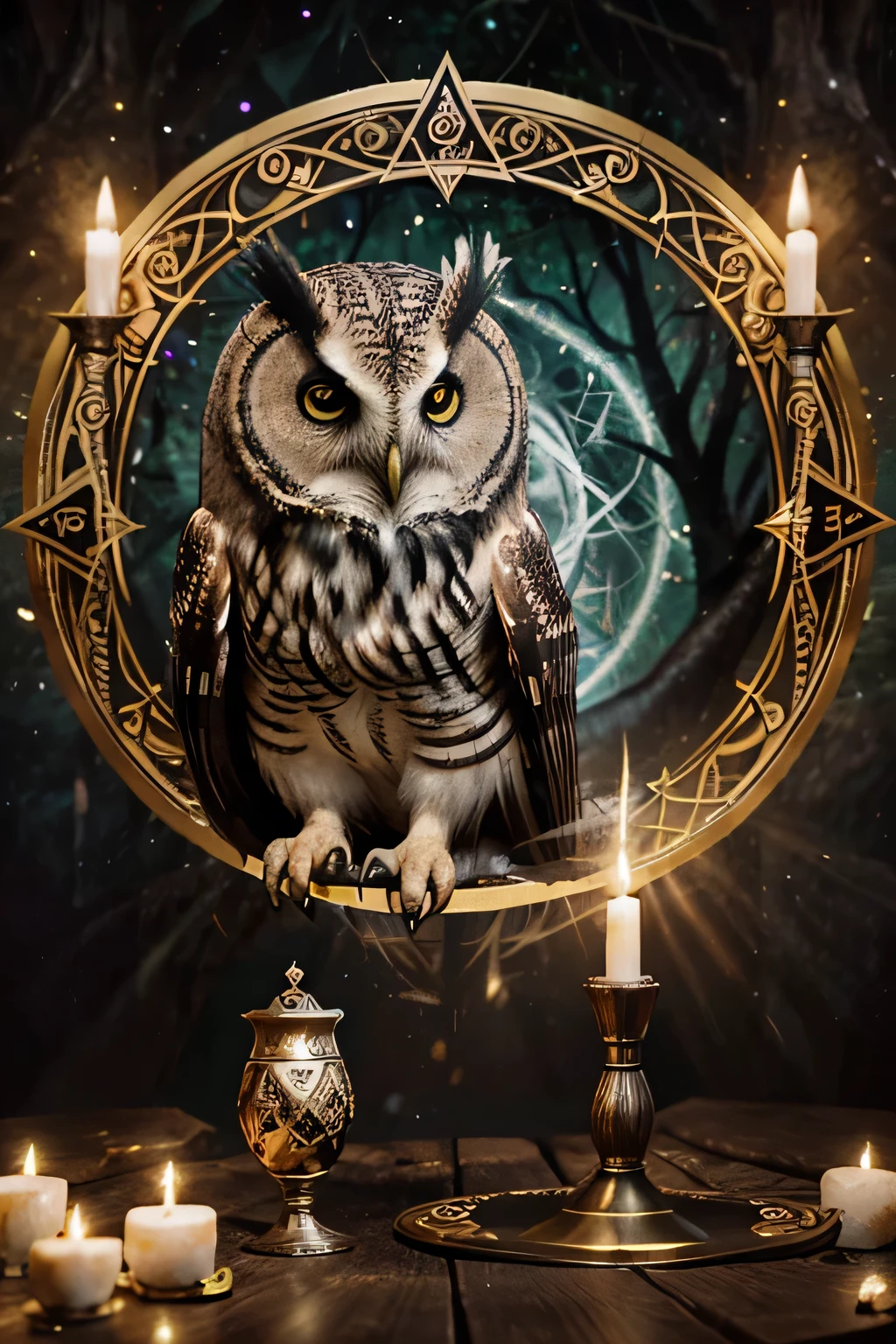 “Draw a mystical scene with a majestic owl perched in the center of a circle formed by tarot cards. Cards display arcane symbols and images, enquanto a coruja observa tudo com seu olhar penetrante, conveying a sense of ancient wisdom and hidden insights.”