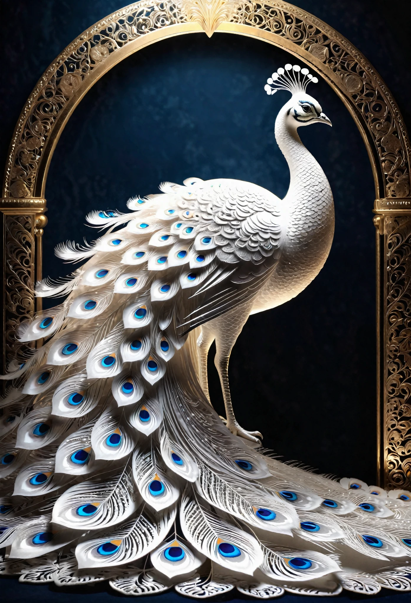 best quality, a stunning artwork of a beautiful white peacock, intricately detailed, (best shadow), elegant, volumetric lighting| ((More_Detail)) 