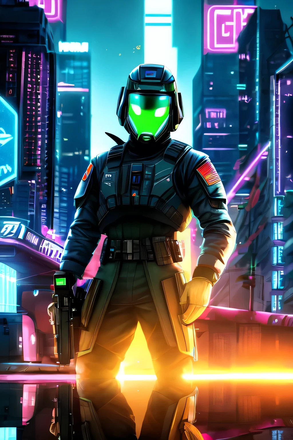 wallpaper of a soldier from future with neon city in the background and in reflection of his advanced mask with a futuristic gun in his hand
